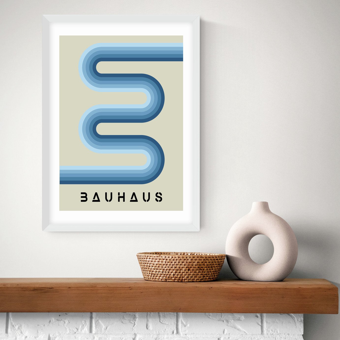 East End Prints Blue Stripes Bauhaus White Frame Print - A3
