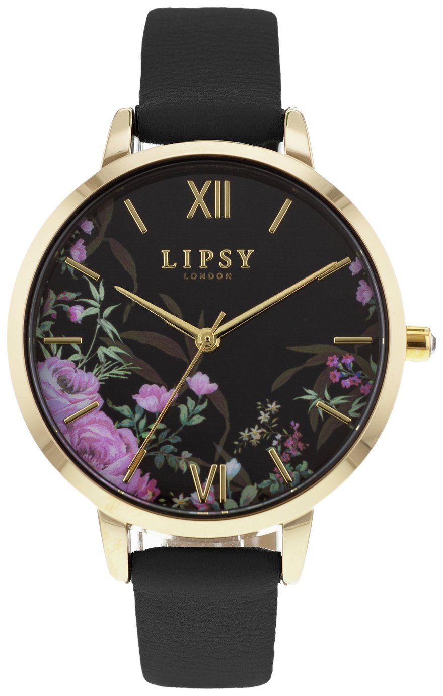 Lipsy Floral Dial Black Leather Strap Watch