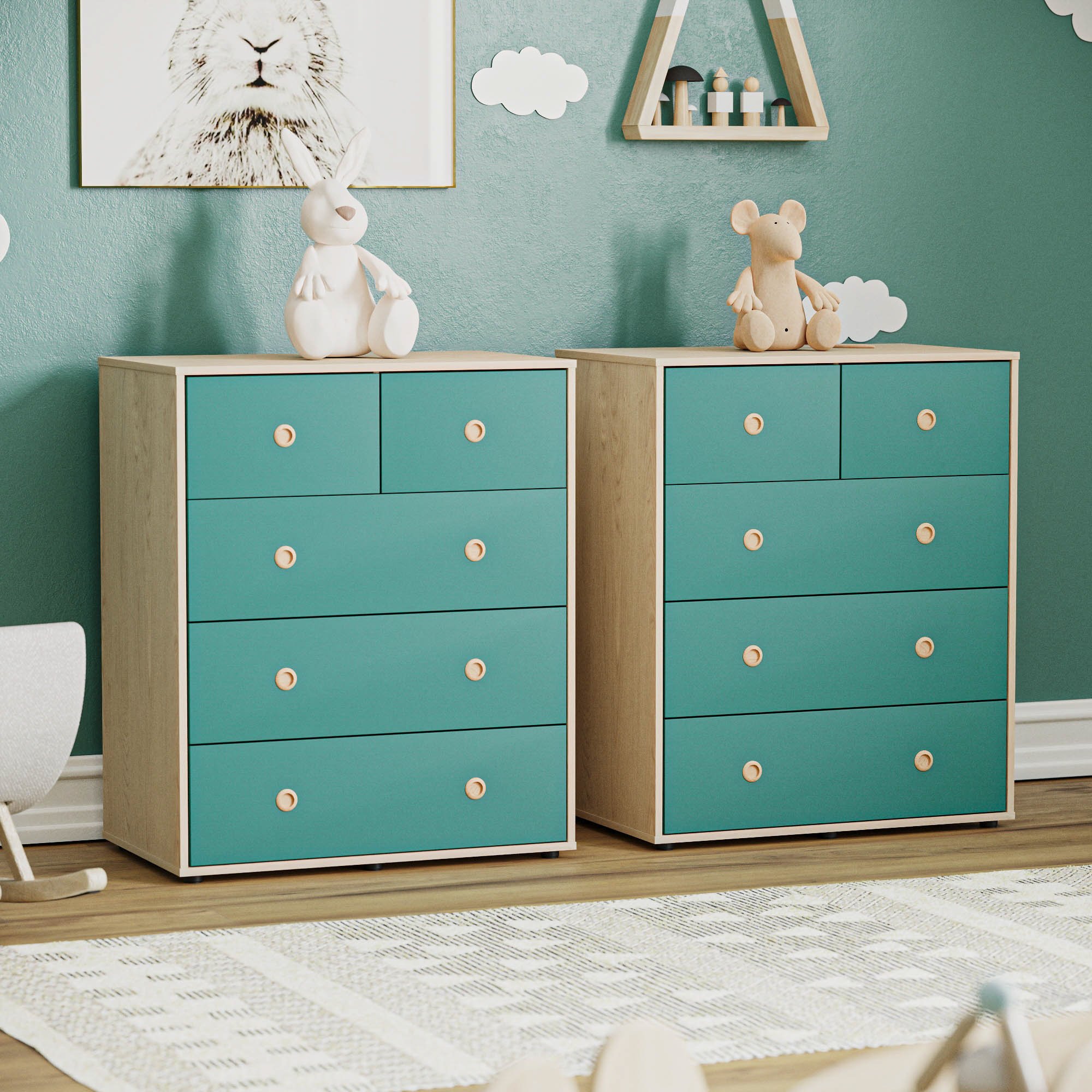 Junior Vida  Set of 2 Neptune 5 Drawer Chest - Blue & Oak