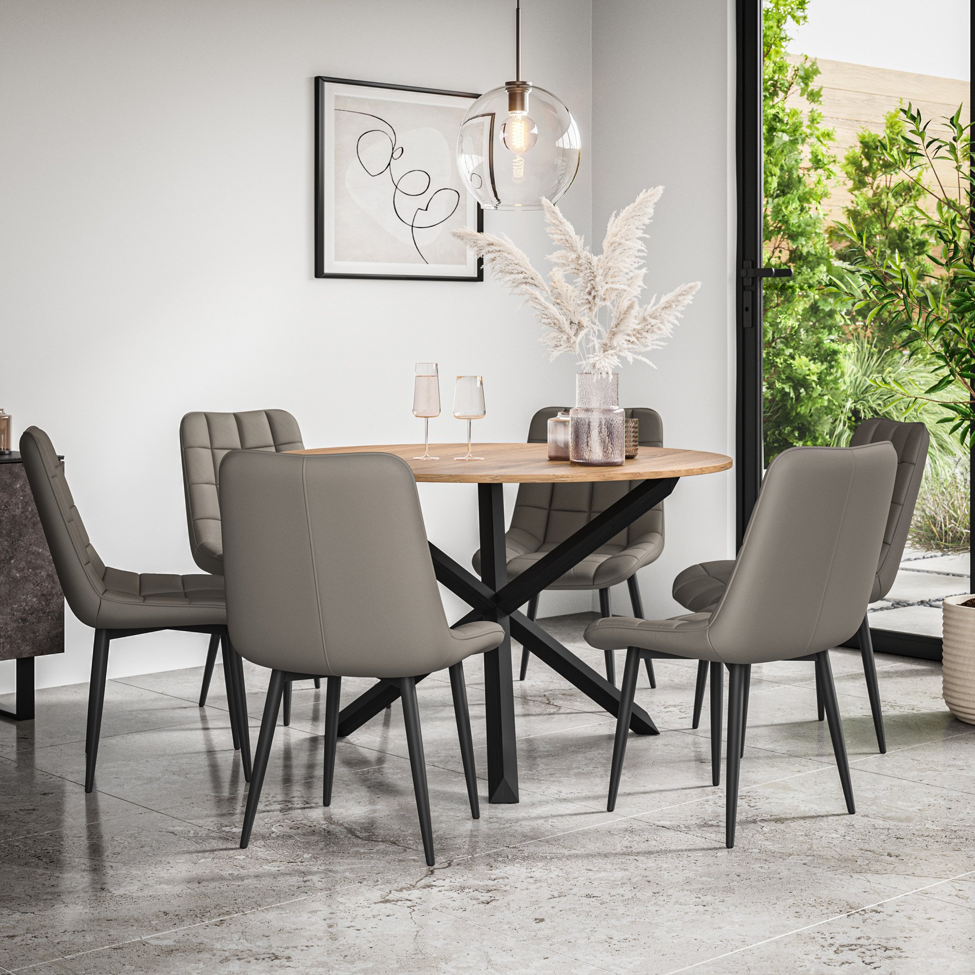 Furniture Online Malvern Nova Oak Table Dining Table & 6 Grey Chairs