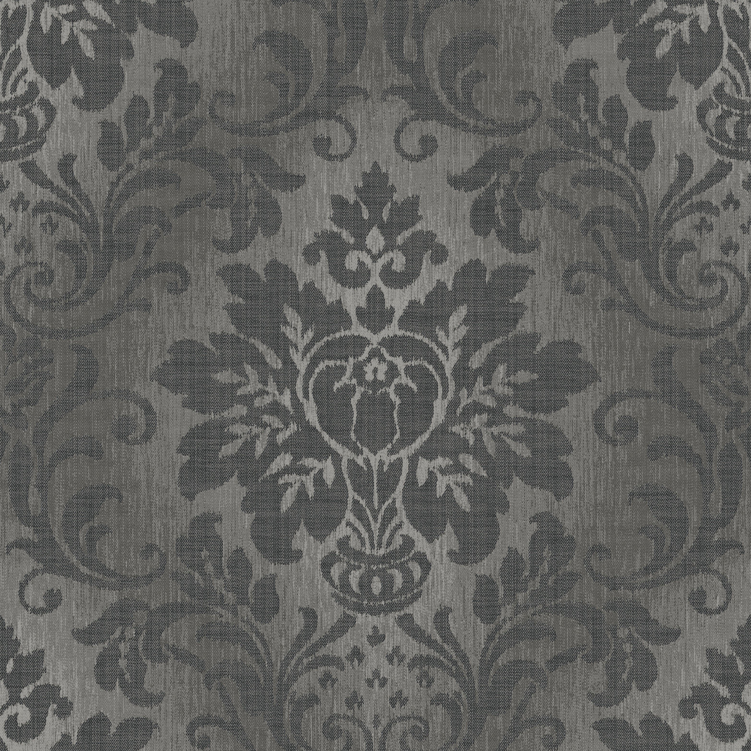 Grandeco Fabric Effect Distressed Damask Wallpaper - Charcoal Grey