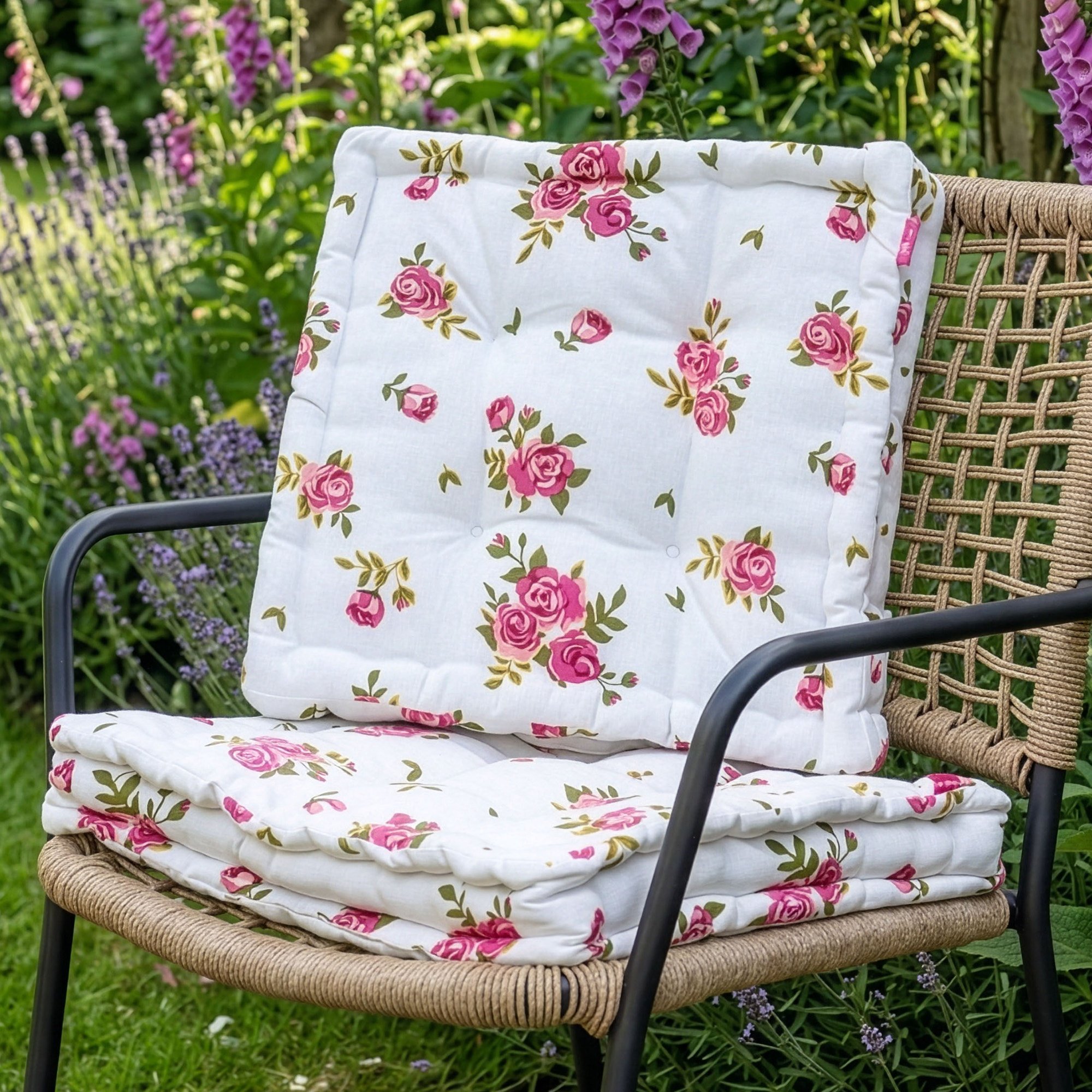 Dibor Set of 4 Floral Print Box Outdoor Garden Chair Cushion Seat Pads - Pink