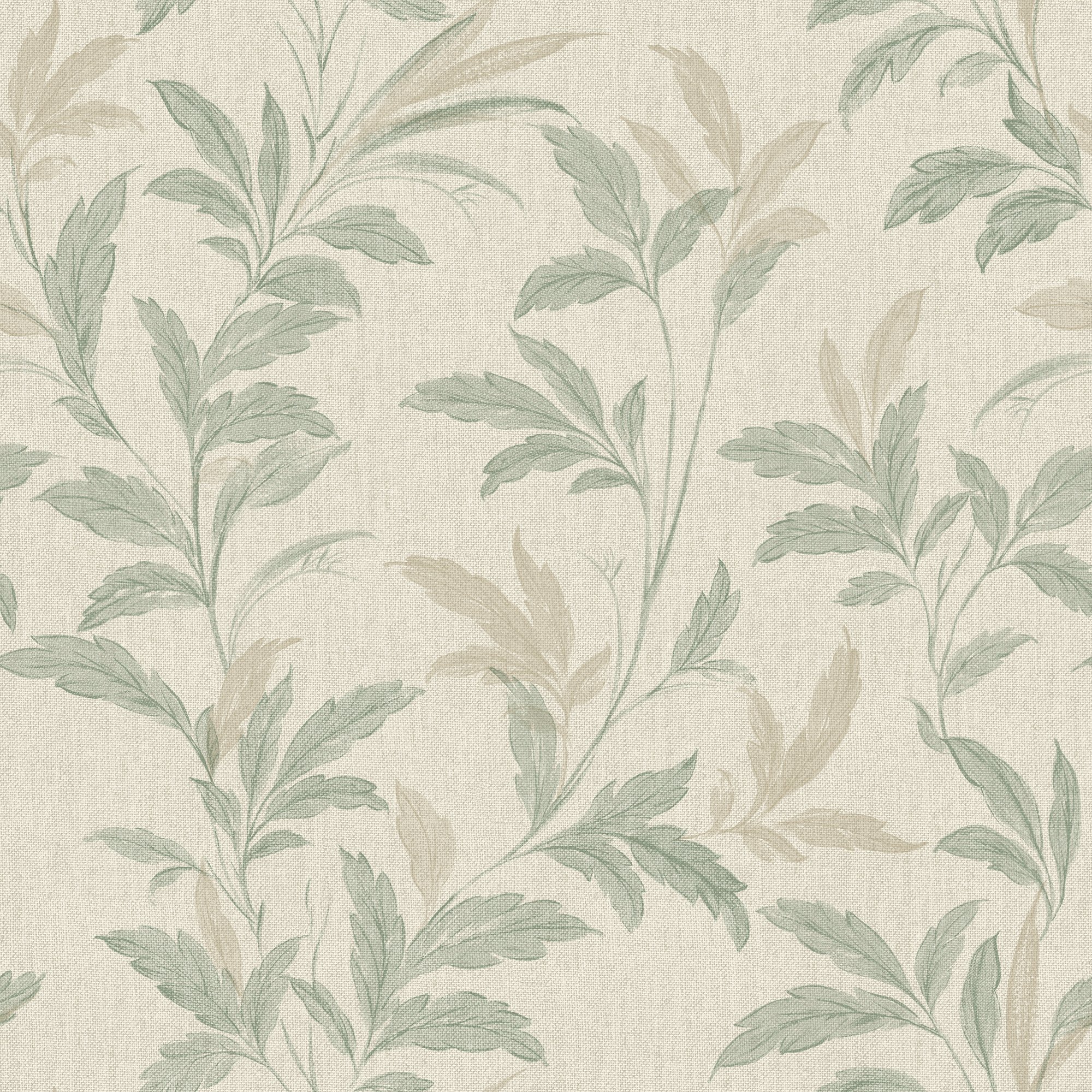 Grandeco Organic Leaf Trail Linen Textured Wallpaper - Sage Green Beige