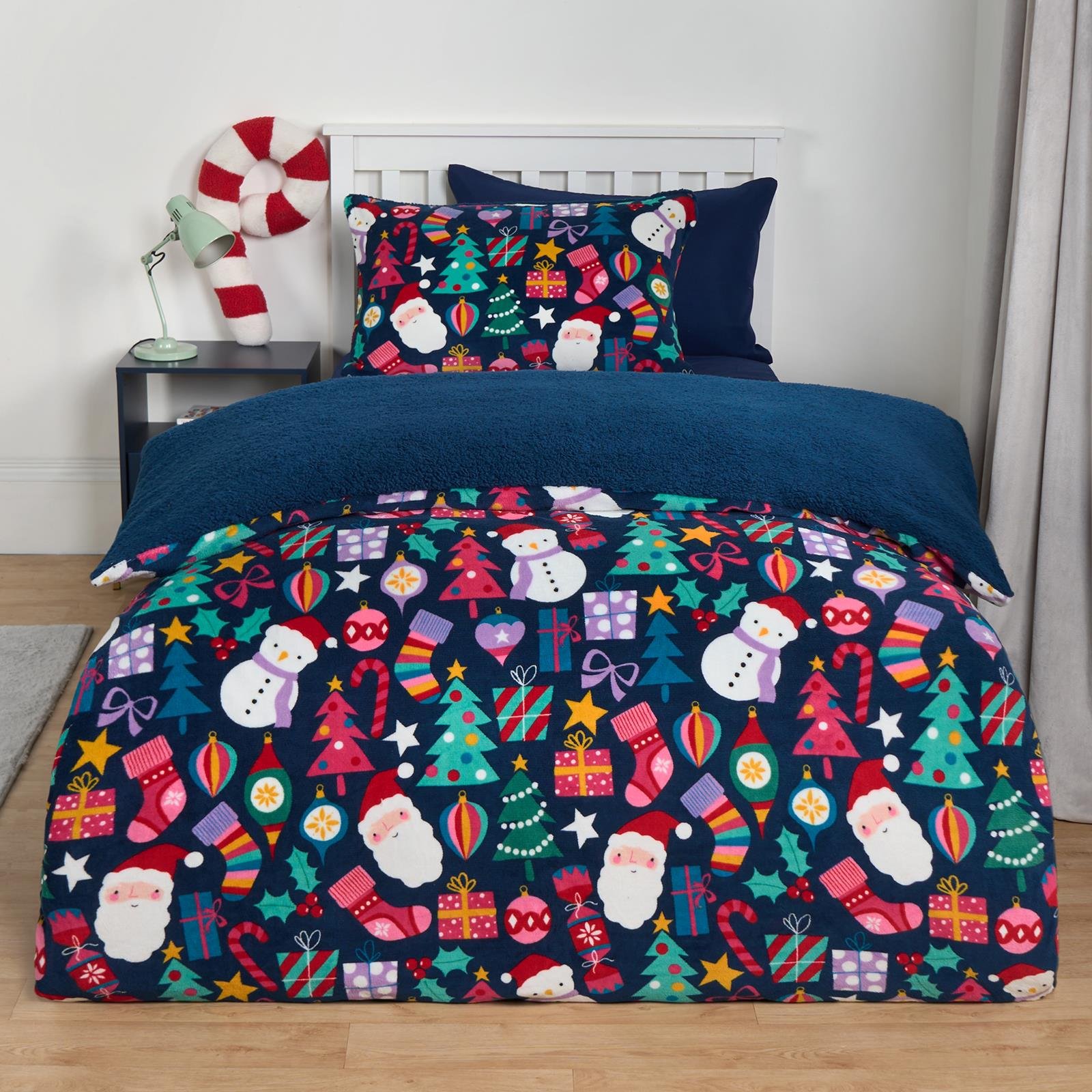 OHS Christmas Duvet Cover Bedding Set Present Teddy Fleece Dark Navy - Single