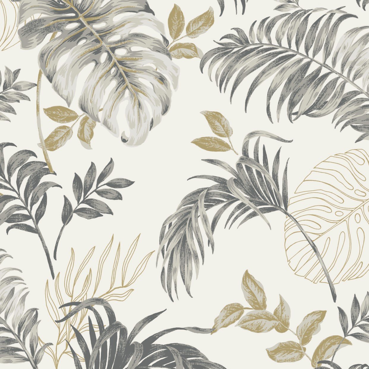 Grandeco Allison Palm Leaf Foliage Blown Vinyl Wallpaper - Grey White