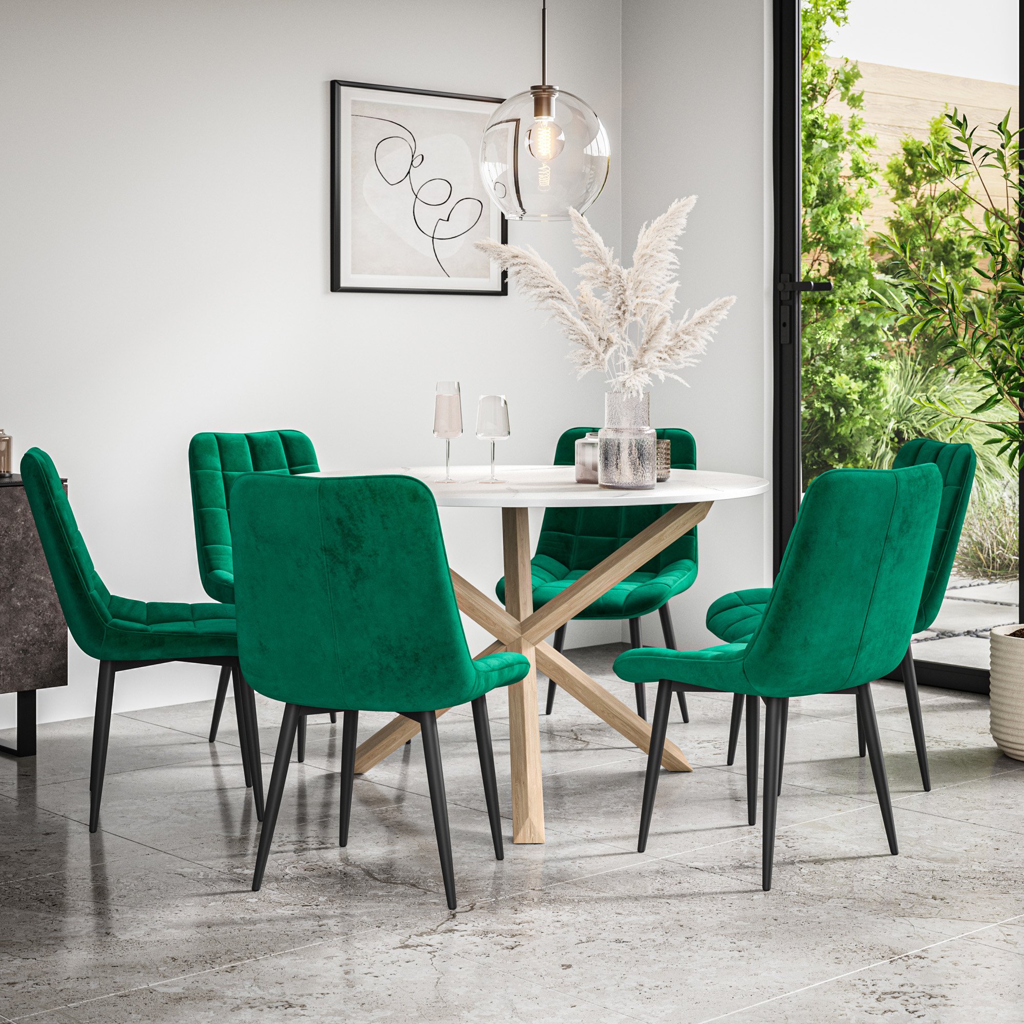 Furniture Online Malvern Nova Marble Top Dining Table & 6 Green Chairs