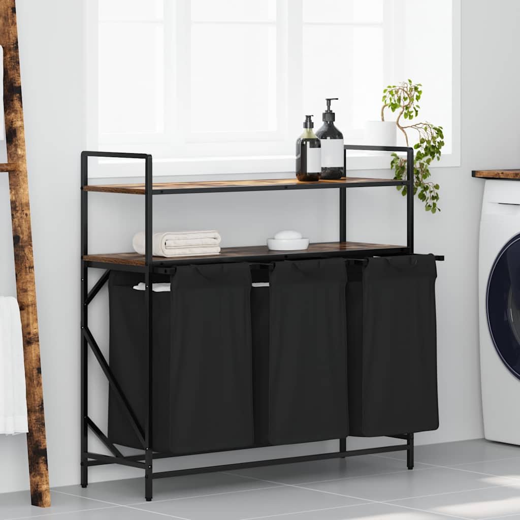 Walplus Laundry Basket 3 Compartment with Shelves - Smoked Oak - 99 x 33 x 97 cm