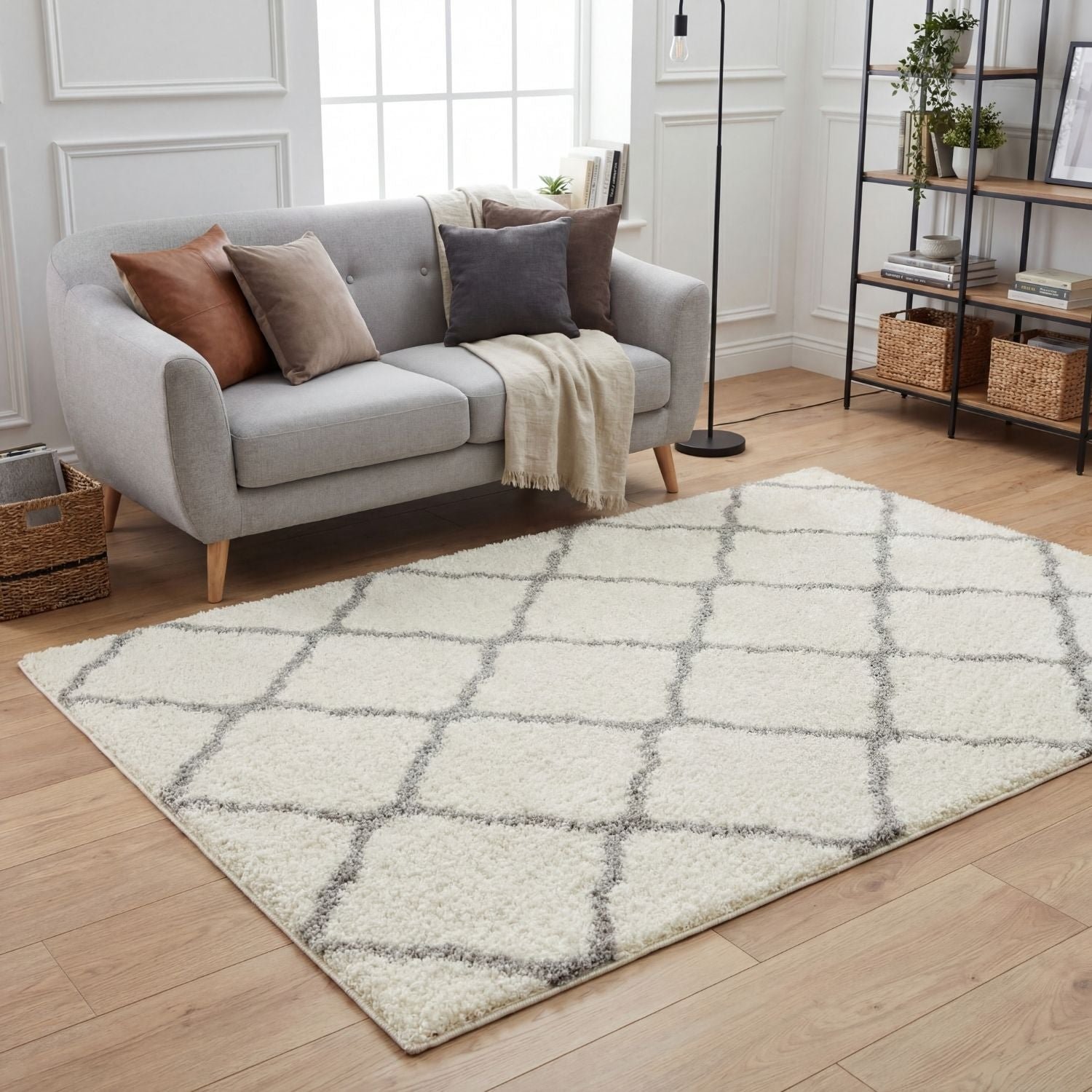 The Rugs Cream and Grey Moroccan Shaggy Lattice Rug - 60 x 110cm