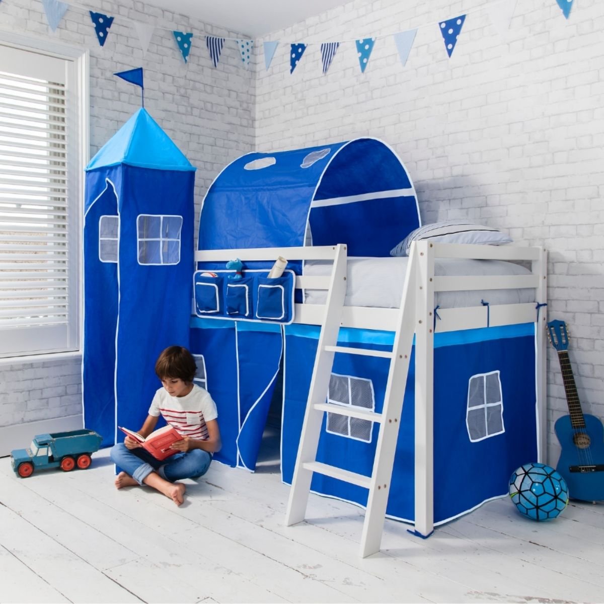 Noa & Nani Moro Midsleeper Cabin Bed With Brilliant Blue Tent Package - White
