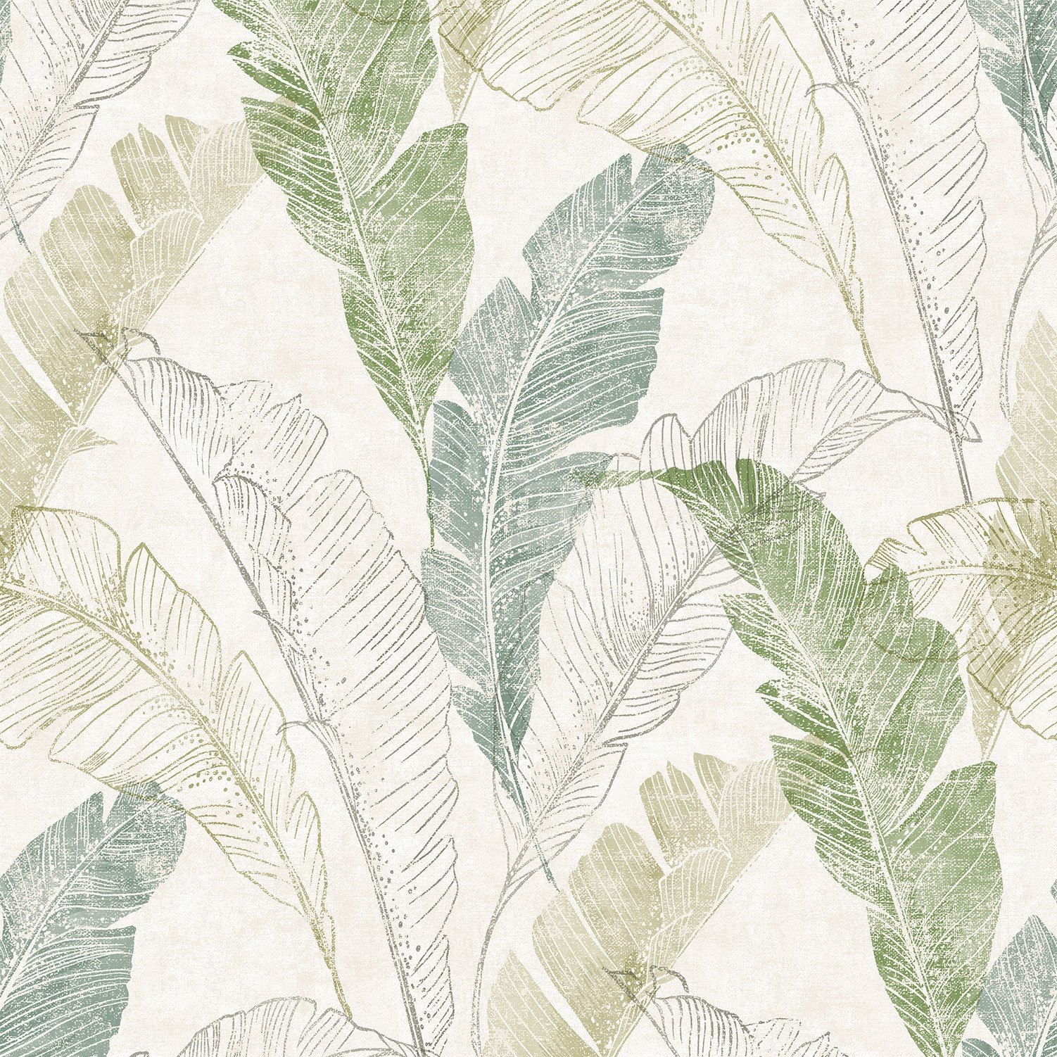Grandeco Sketch Effect Capri Tropical Textured Wallpaper - Neutral Green