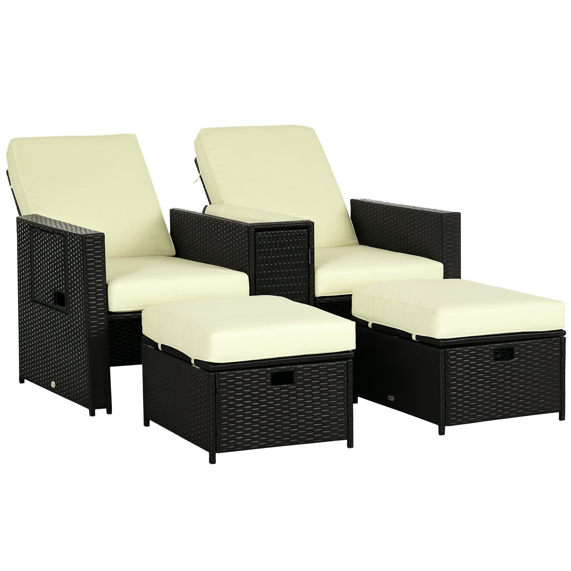 Outsunny 5 Piece PE Rattan Reclining Garden Sun Lounger Adjustable - Black