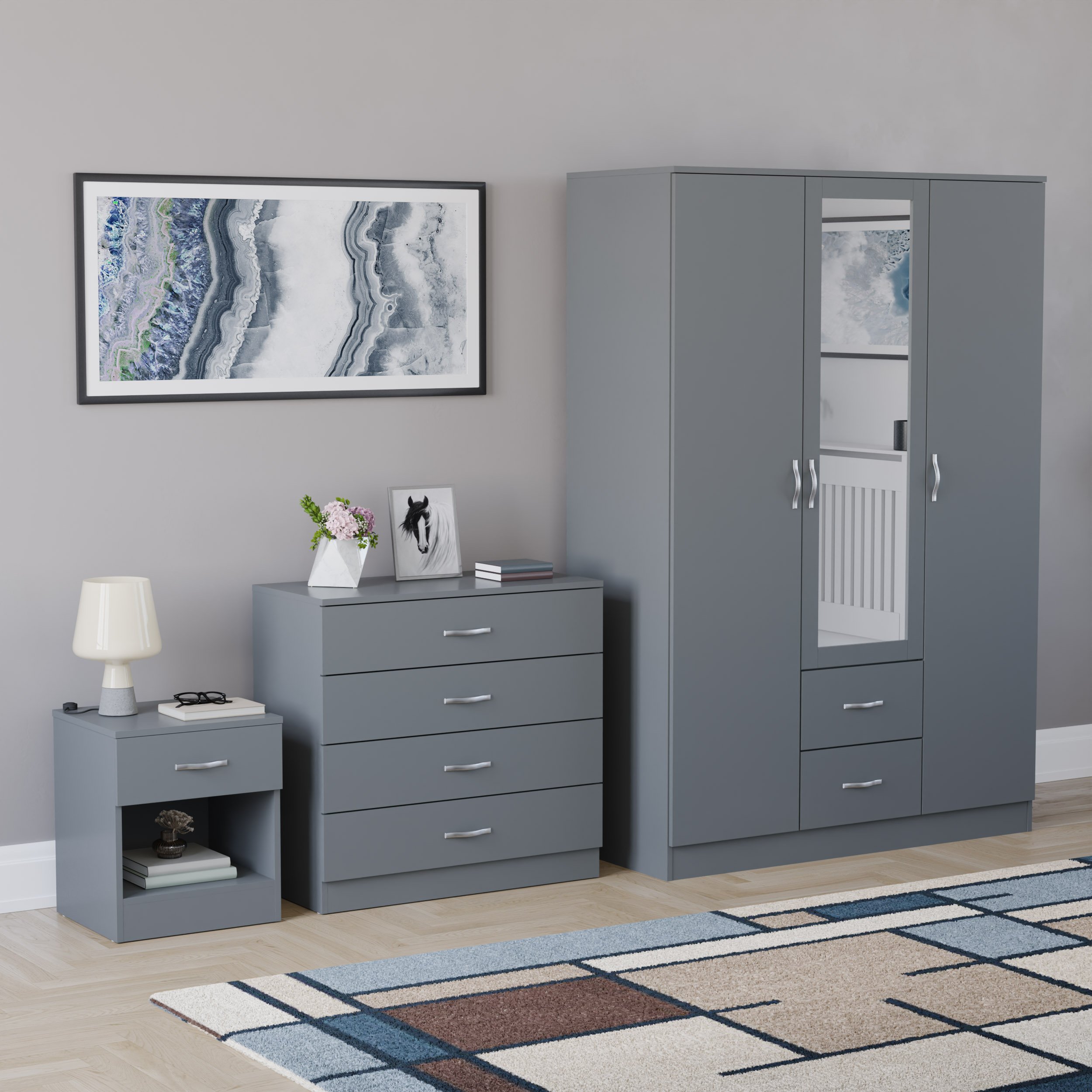 Vida Designs Riano Bedroom Set (Bedside, 4 Drawer Chest, Mirror Wardrobe) - Grey