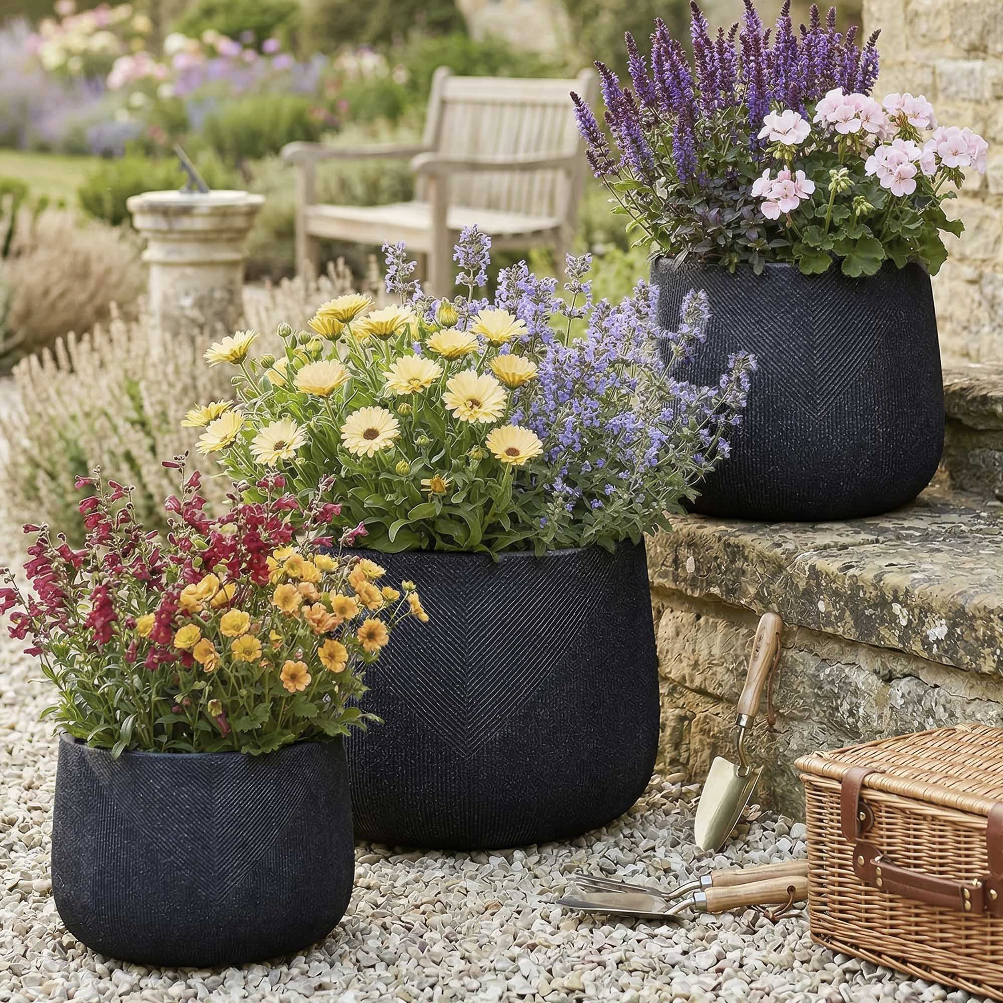 Dibor Set of 3 Fibre Clay Outdoor Garden Planter – Grey