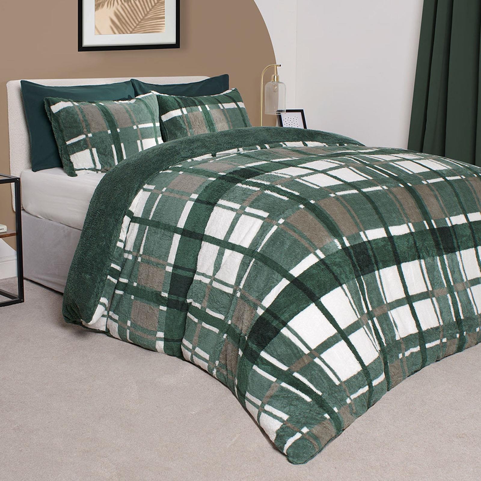 OHS Teddy Fleece Duvet Cover Set Bedding Check Dark Green - King