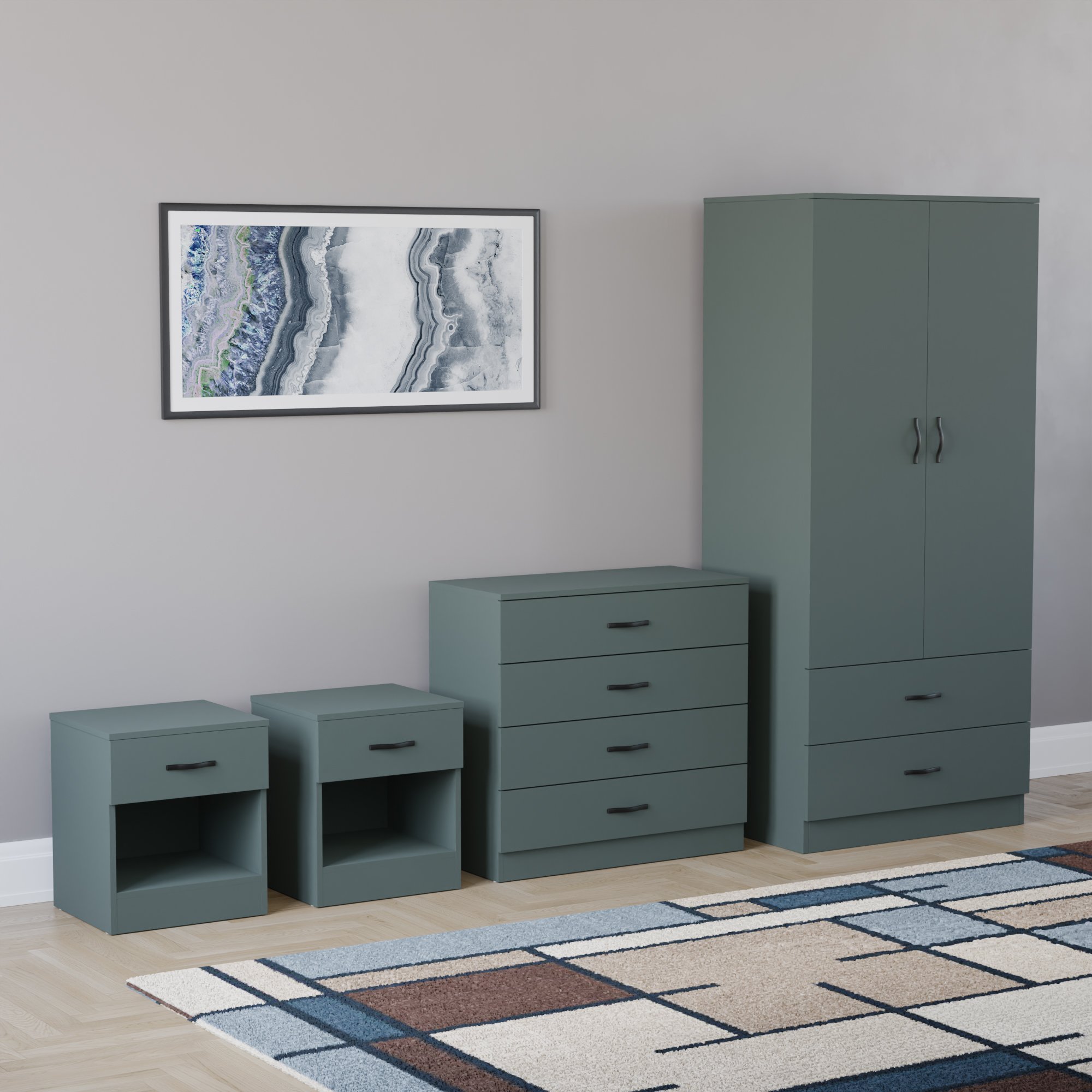 Vida Designs Riano Bedroom Set (Bedsides, 4 Drawer Chest, 2x2 Wardrobe) - Green