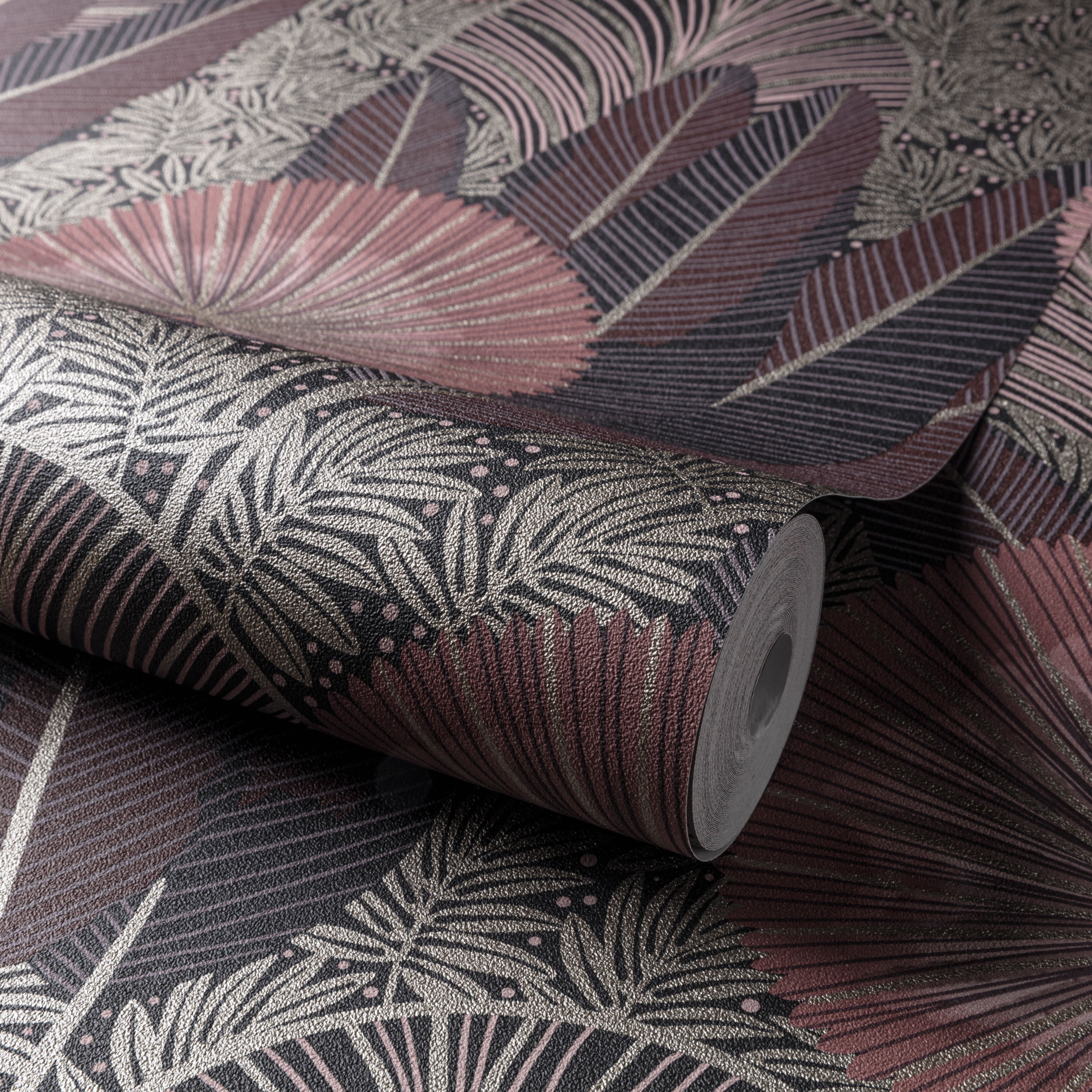 Grandeco Asperia Oriental Jungle Leaf Textured Wallpaper - Red Pink