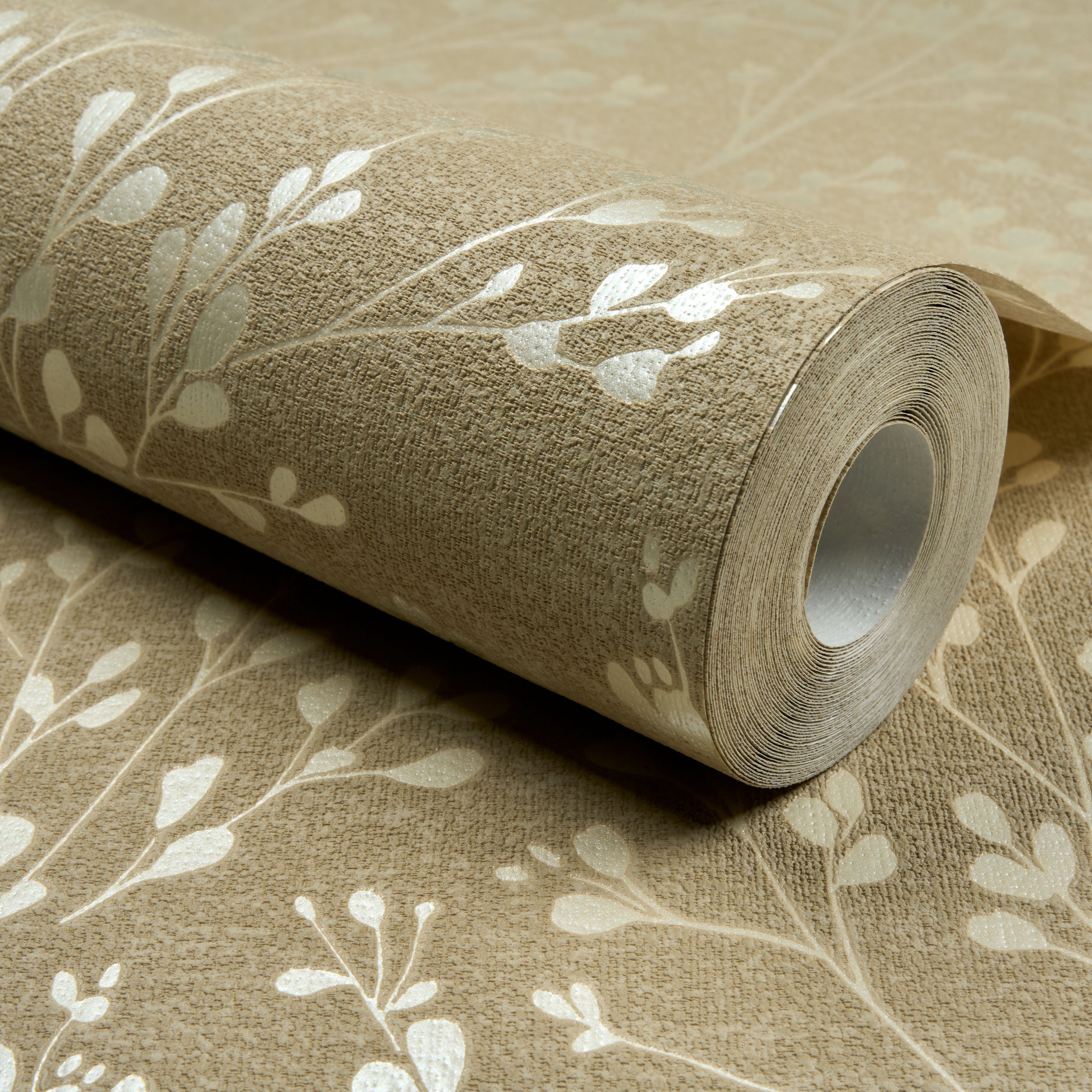 Grandeco Calluna Delicate Metallic Sprig Blown Vinyl Wallpaper - Beige