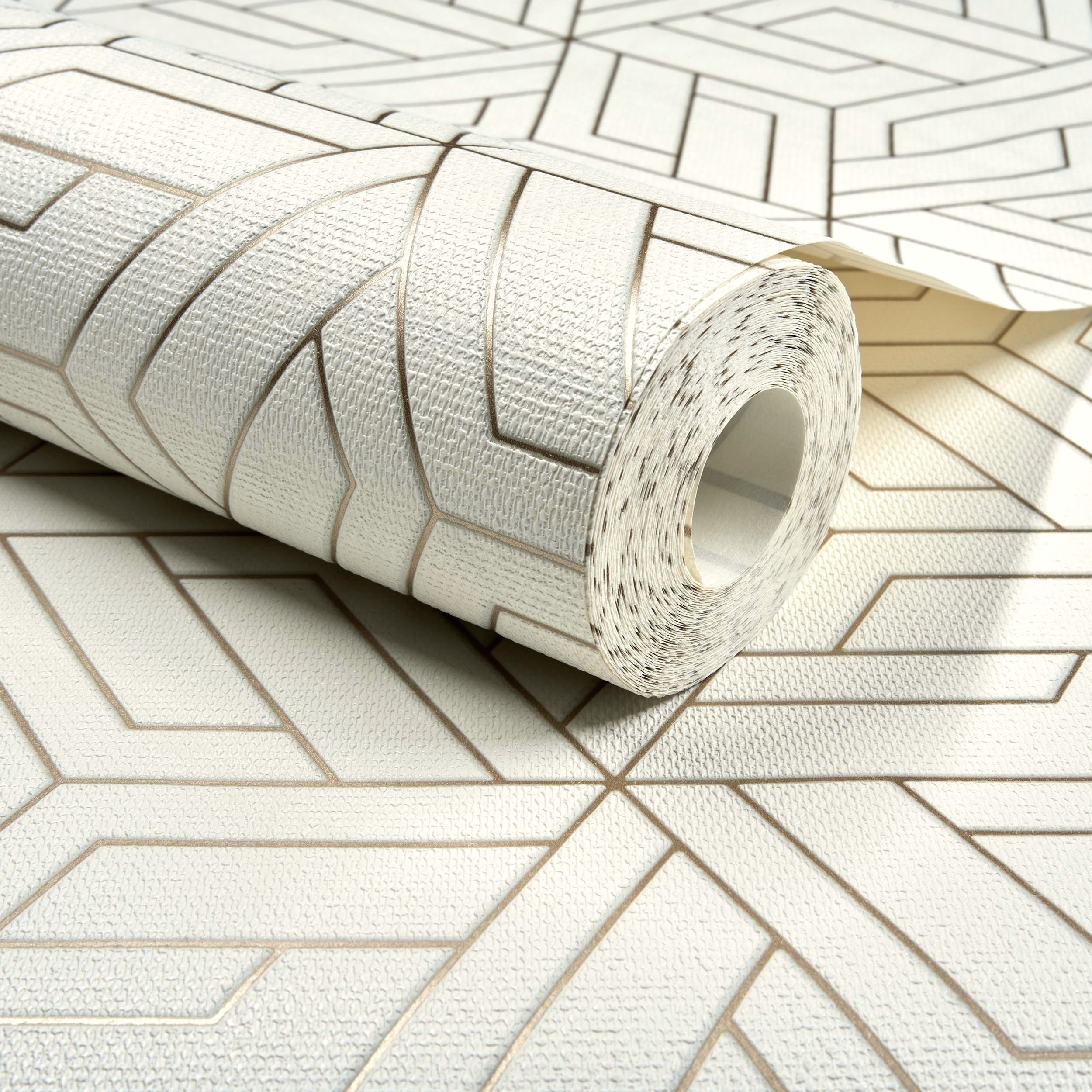 Grandeco Cobra Geometric Pattern Metallic Blown Vinyl Wallpaper - White