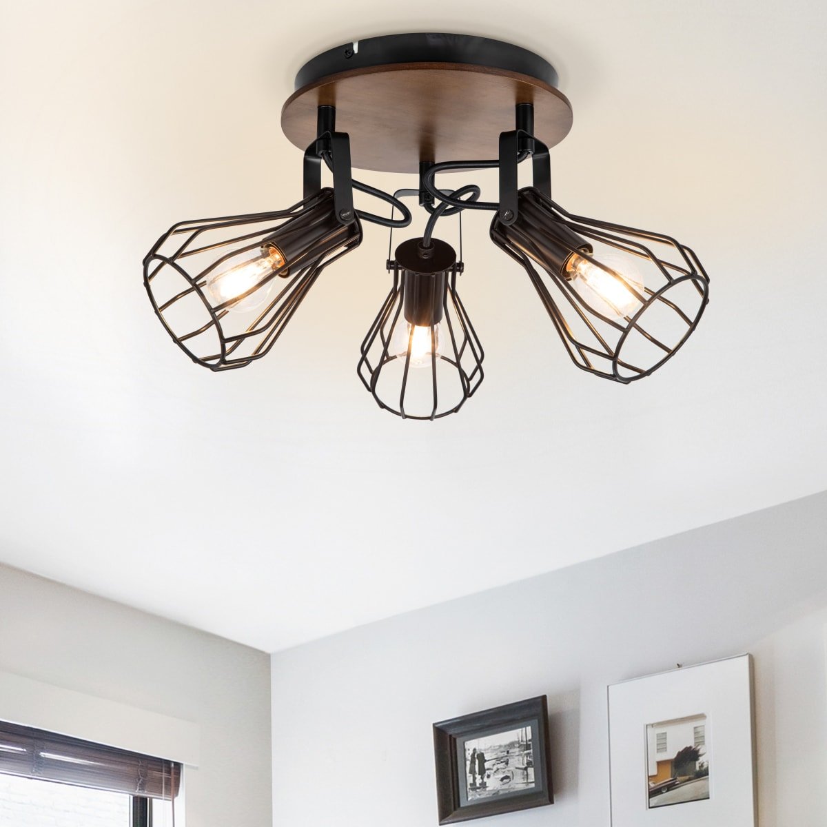 Cosylyte Kendan 3 Light Matt Black Wire Shade Spotlight on Round Wooden Plate