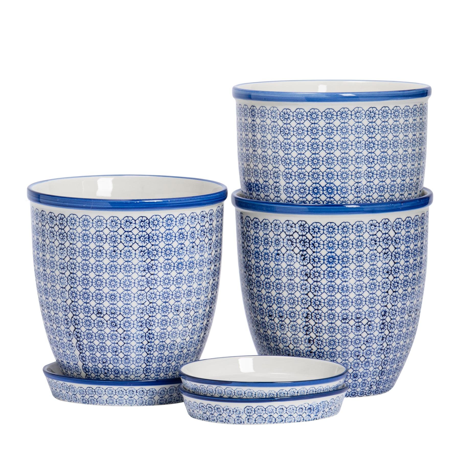Nicola Spring Hand-Printed Plant Pots with Saucers - Navy - Pack of 3