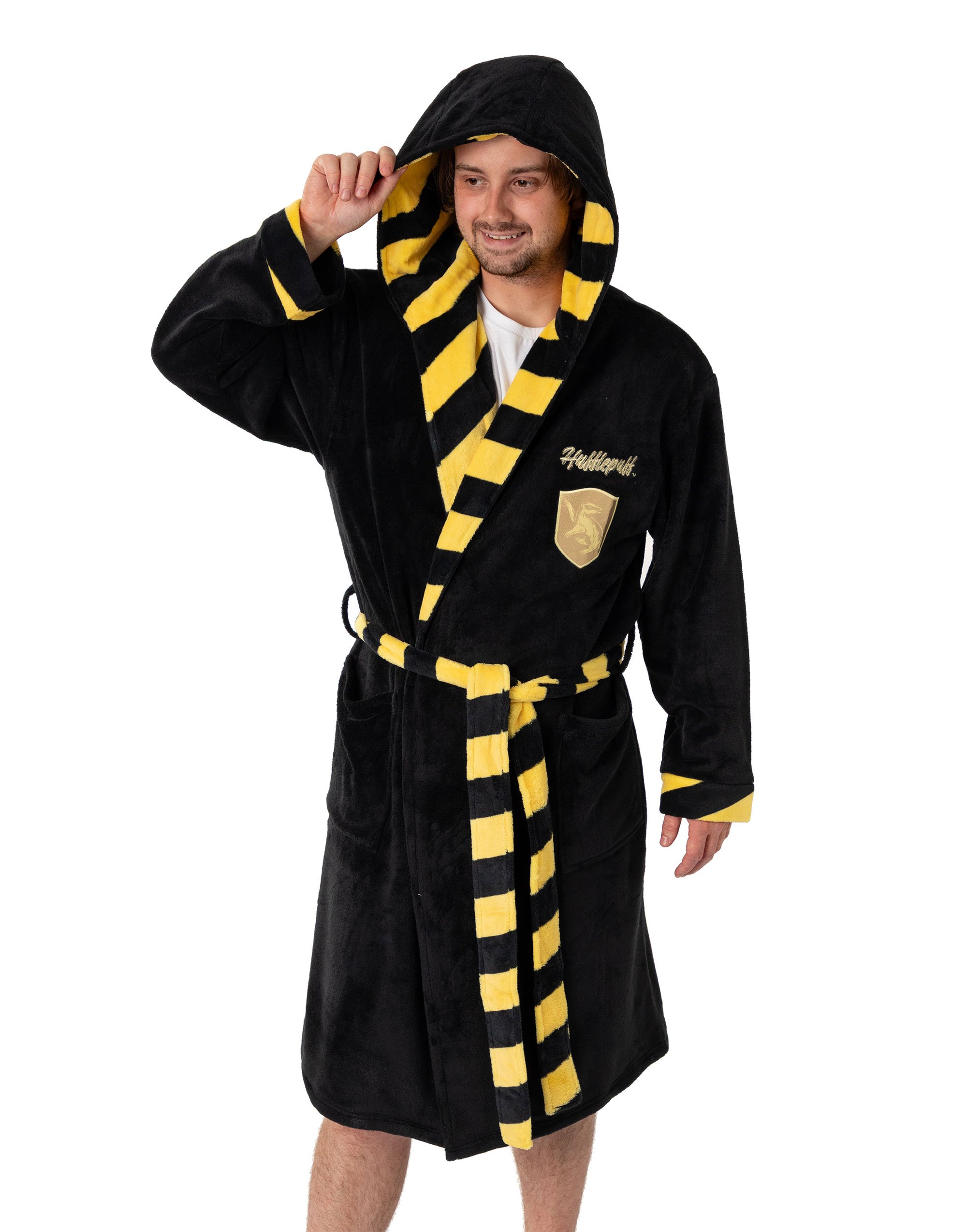 Harry Potter Hufflepuff Adult Unisex Black Hooded Bathrobe - XXL