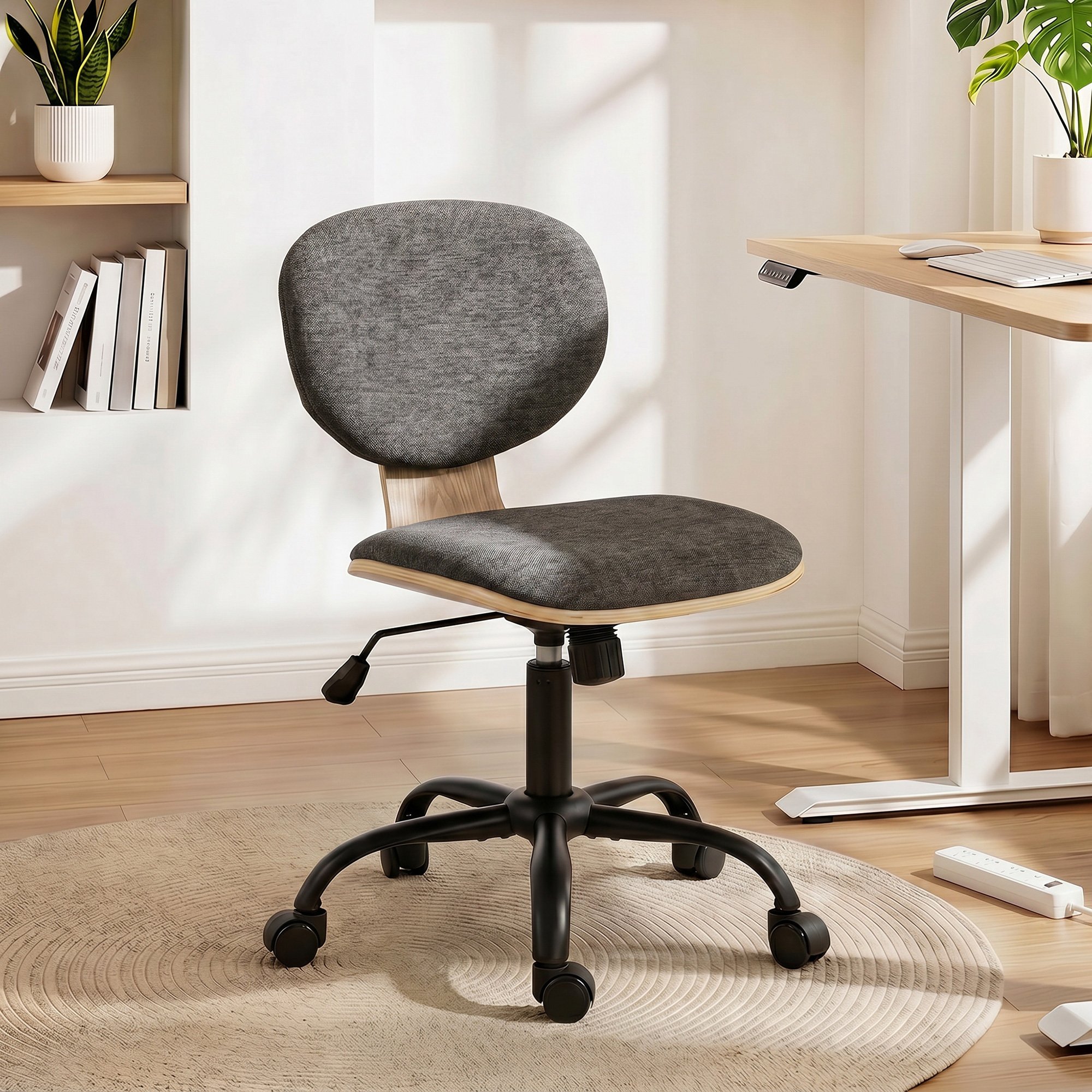 HOMCOM Desk Chair with Wood Curved Back - Grey