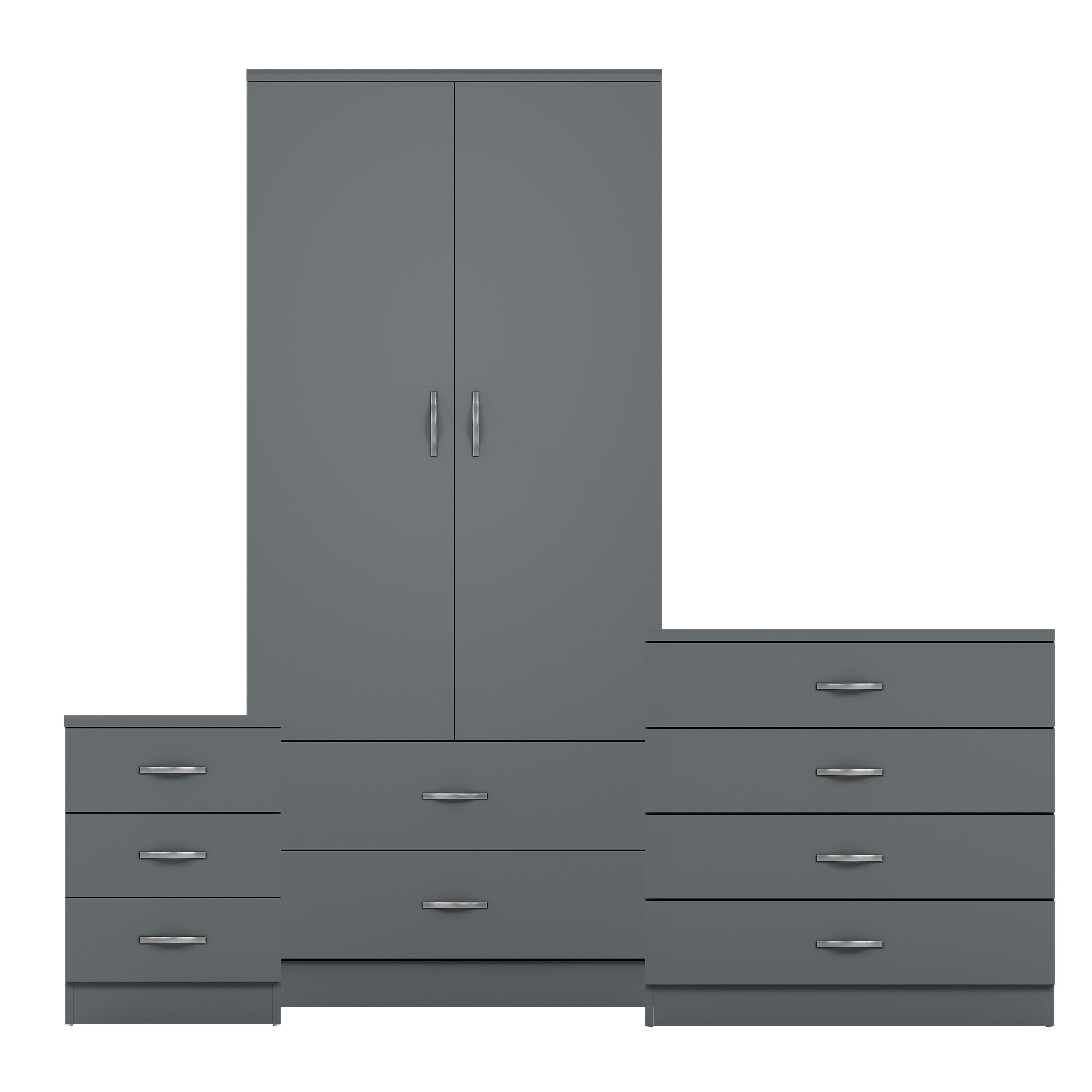 Vida Designs Riano Bedroom Set (Bedside, 4 Drawer Chest, 2x2 Wardrobe) - Grey
