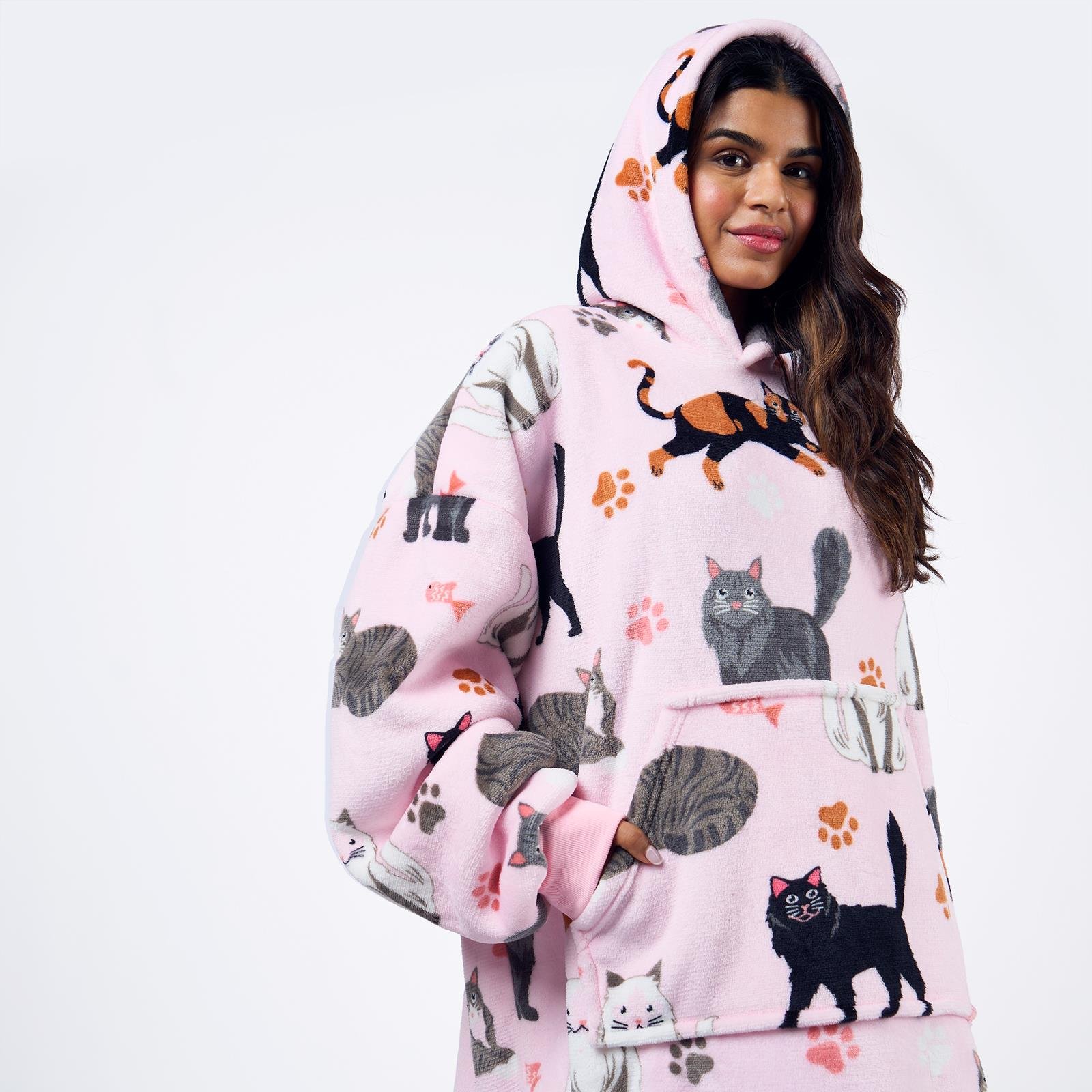 OHS Cat Print Hoodie Blanket - One Size - Blush