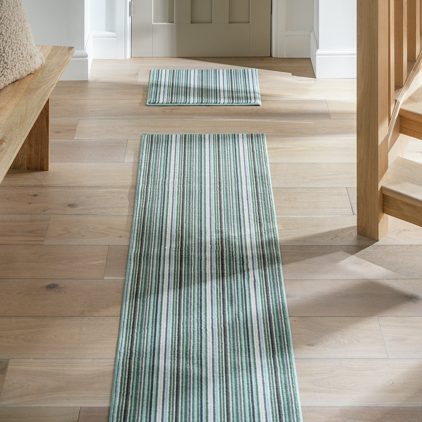 Habitat Skinny Stripe Green Runner & Mat Set - 180x57cm
