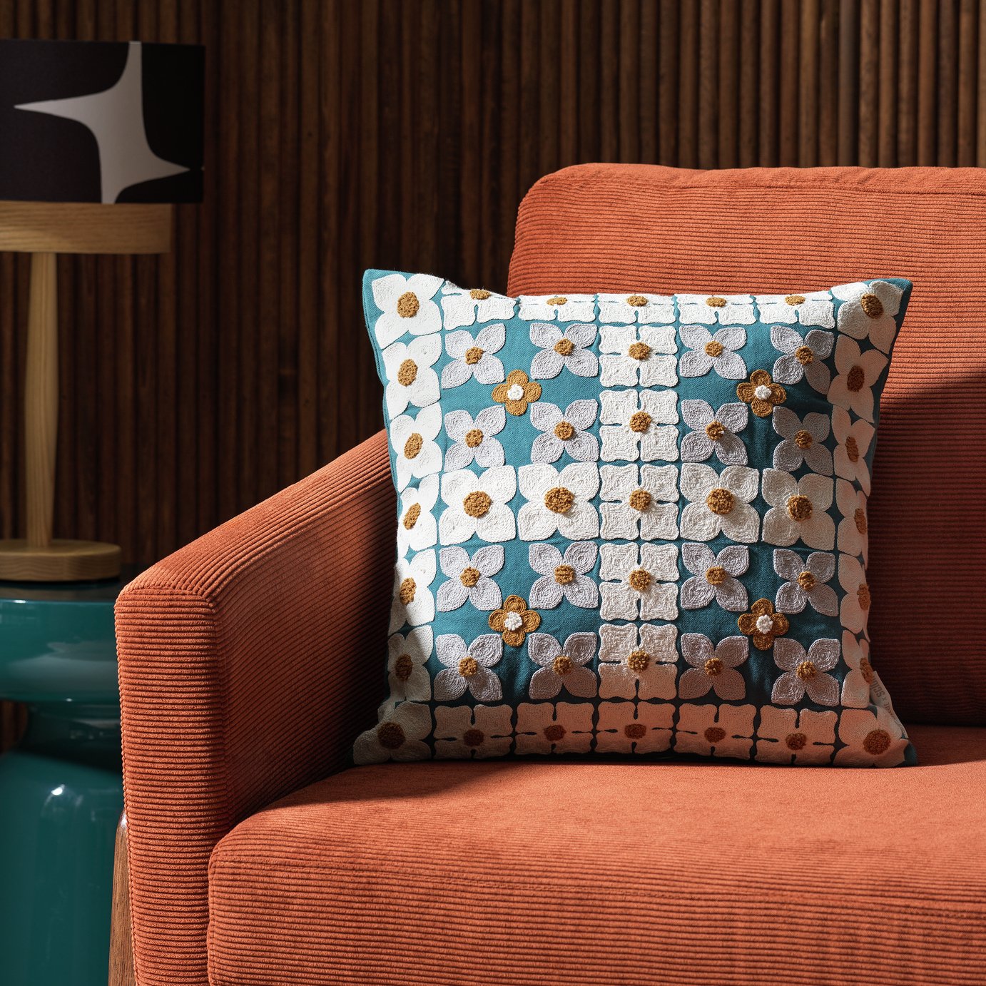 Habitat x Scion Scandi Prairie Cushion - Teal - 43x43cm