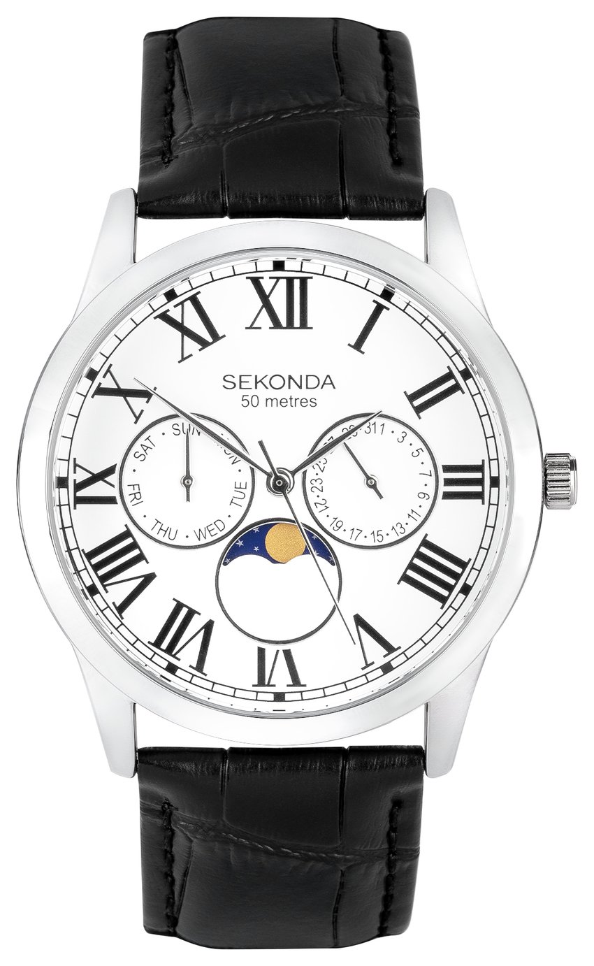 Sekonda Men's Moon Phase Dial Black Leather Strap Watch