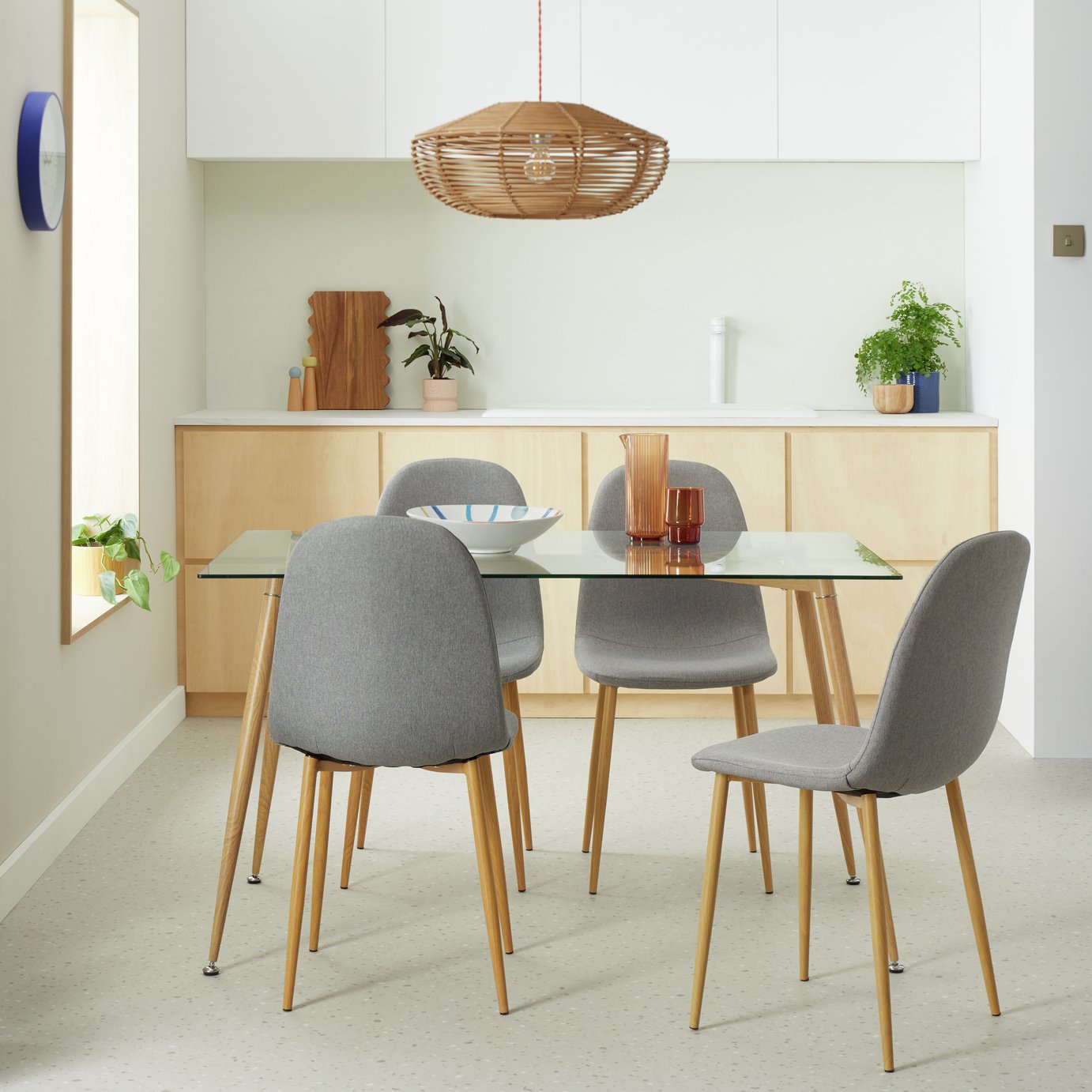 Habitat Beni Glass Oak Dining Table & 4 Grey Chairs