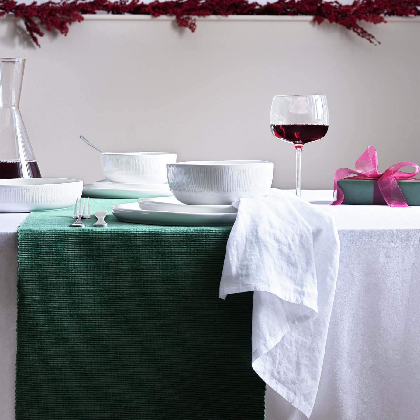 Habitat Ribbed Cotton Table Runner - Green