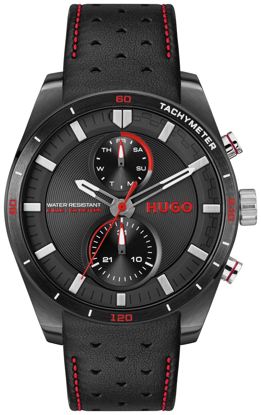 HUGO Men's Black Leather Strap Multifunction Watch