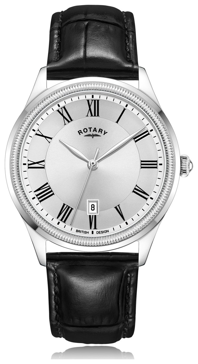 Rotary Men's Black Leather Silver Dial Watch 