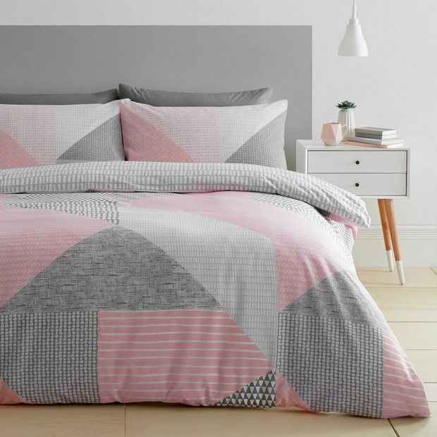 Catherine Lansfield Newquay Stripe Pink/Grey Quilt/Duvet Set Single/Double/King 