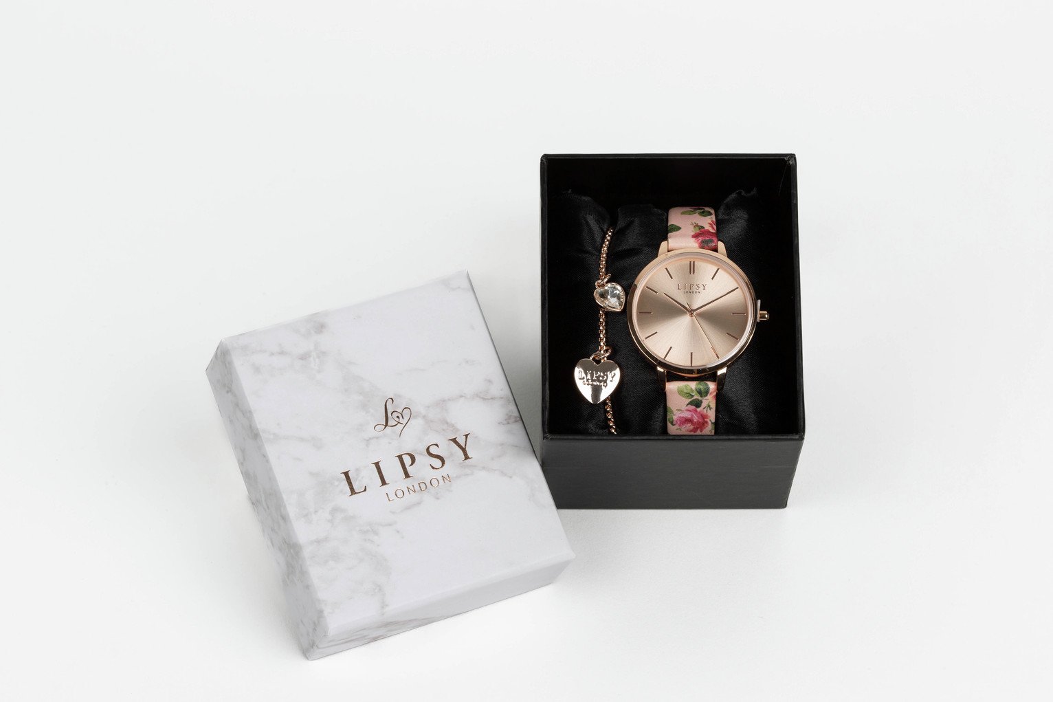 Lipsy Pink Floral Strap Watch With Rose Gold Bracelet Set