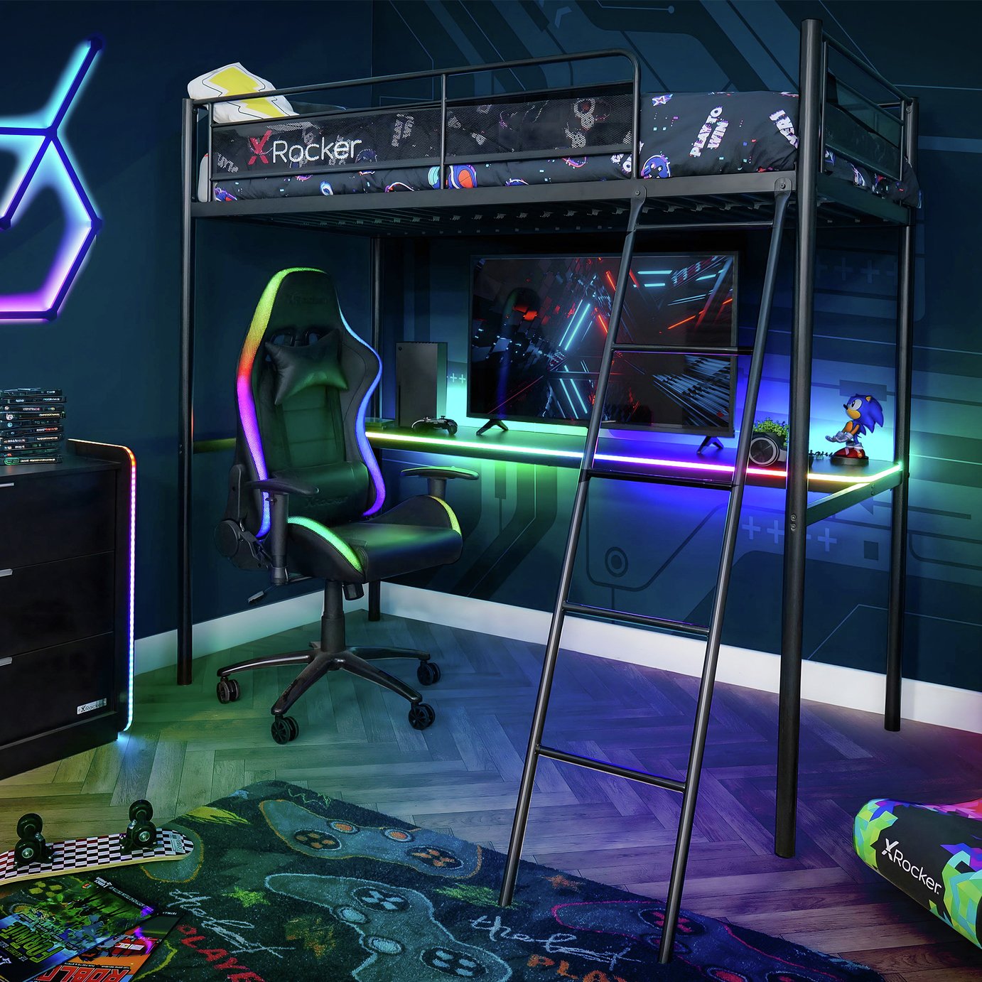 X Rocker HQ RGB LED Gaming High Sleeper Bed with Desk- Black