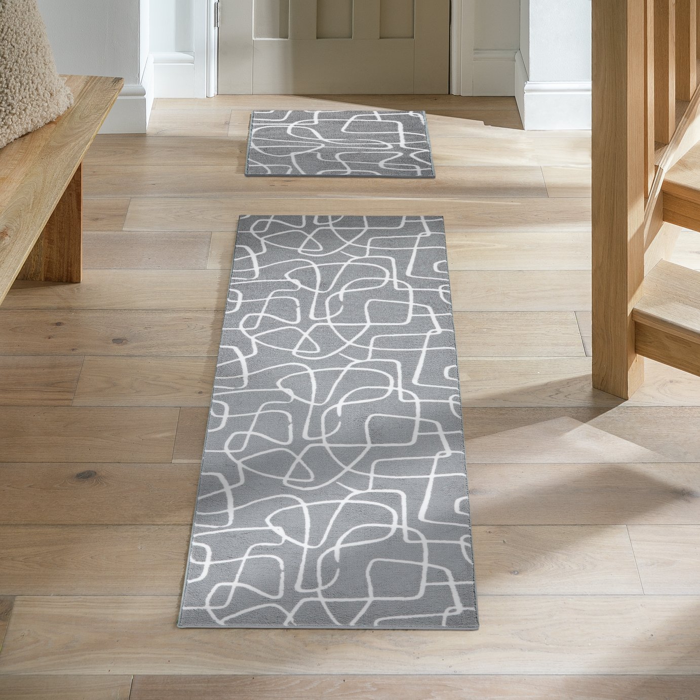 Argos Home Scribble Washable Grey Runner & Mat Set-180x57cm