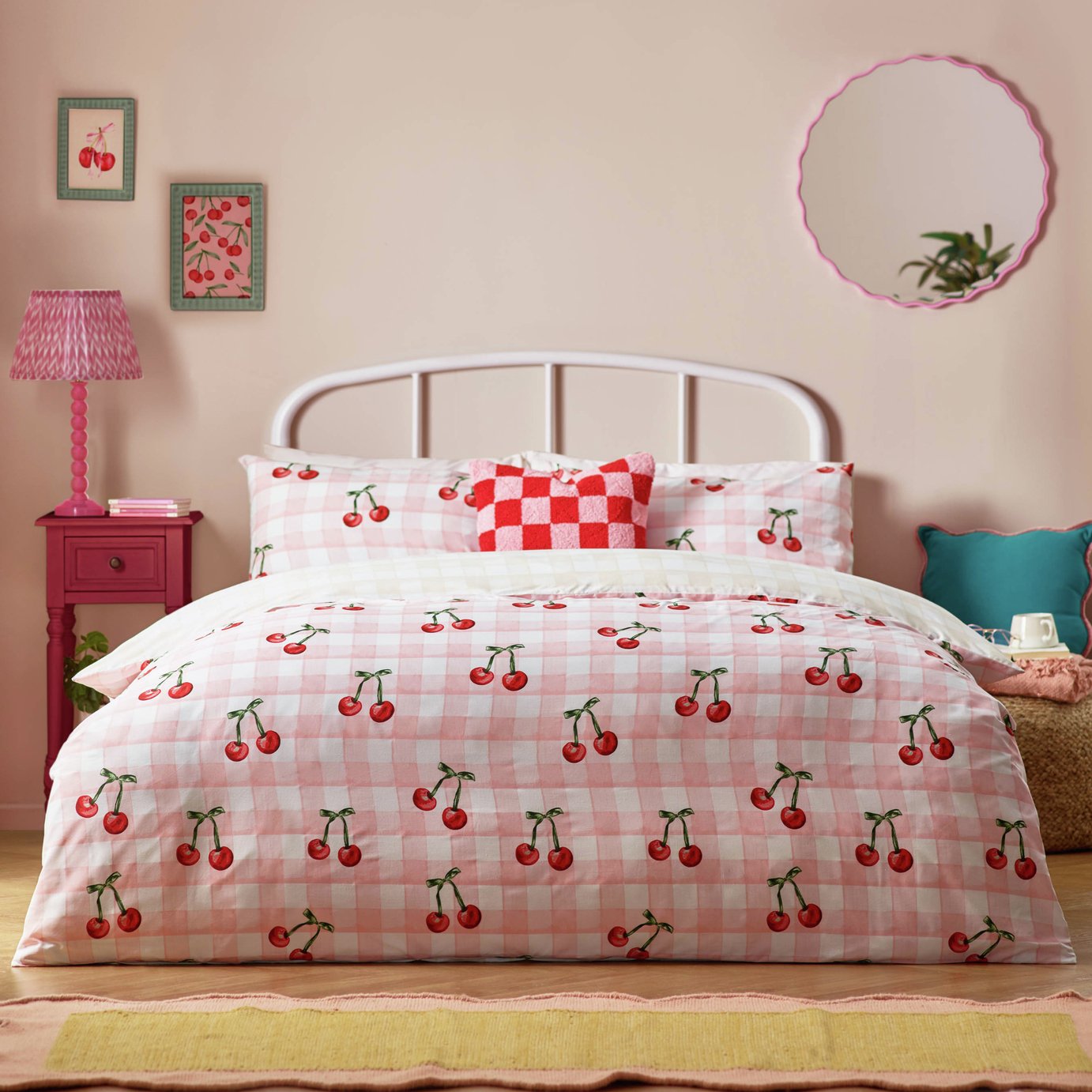 Heya Home Cherry Gingham Pink Bedding Set