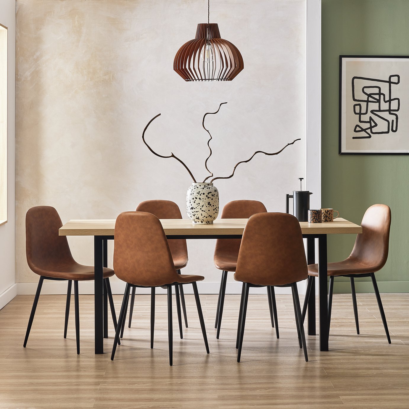 Habitat Zayn Birch Dining Table And 6 Tan Chairs