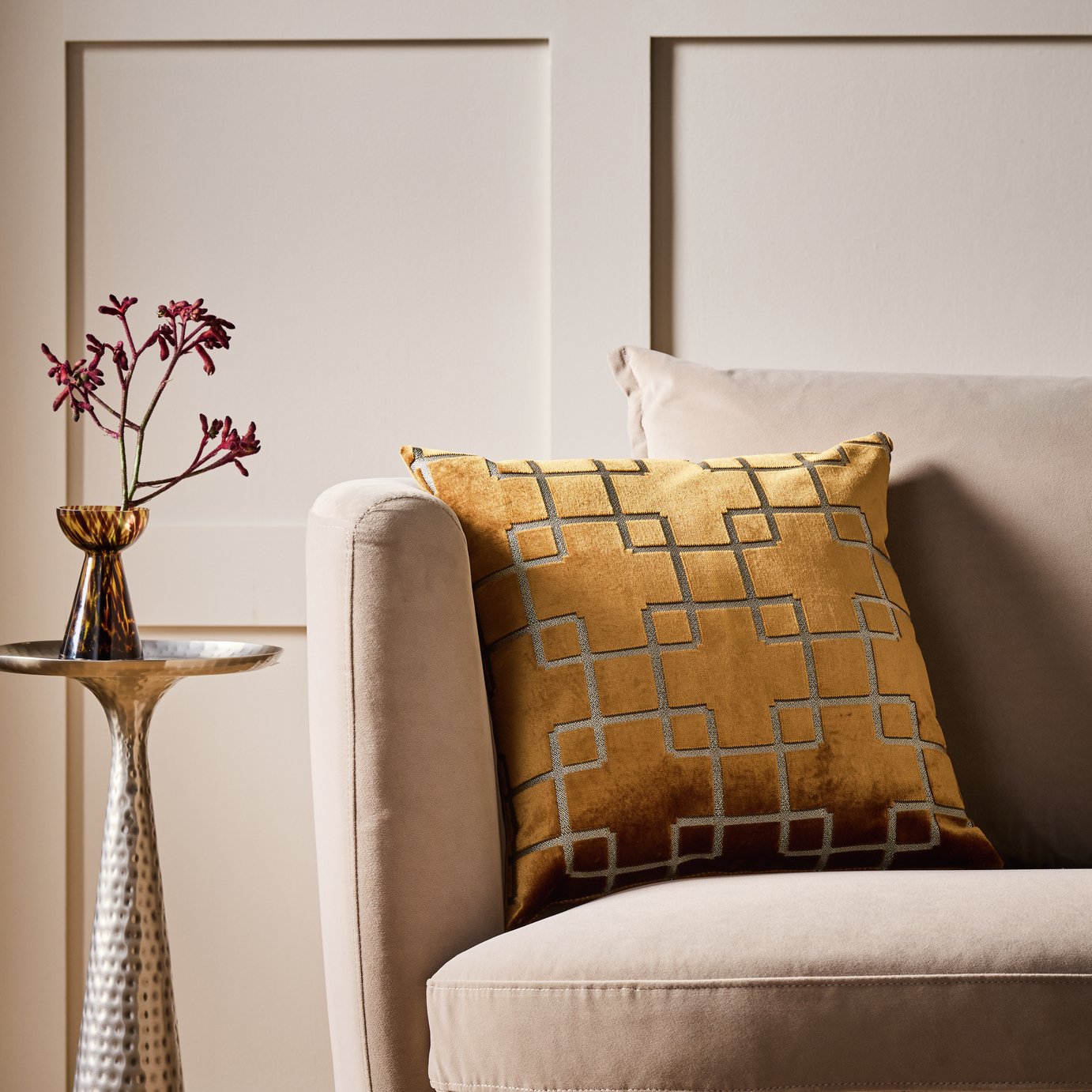 Habitat Chain Geo Velvet Jacquard Cushion - Gold - 43x43cm