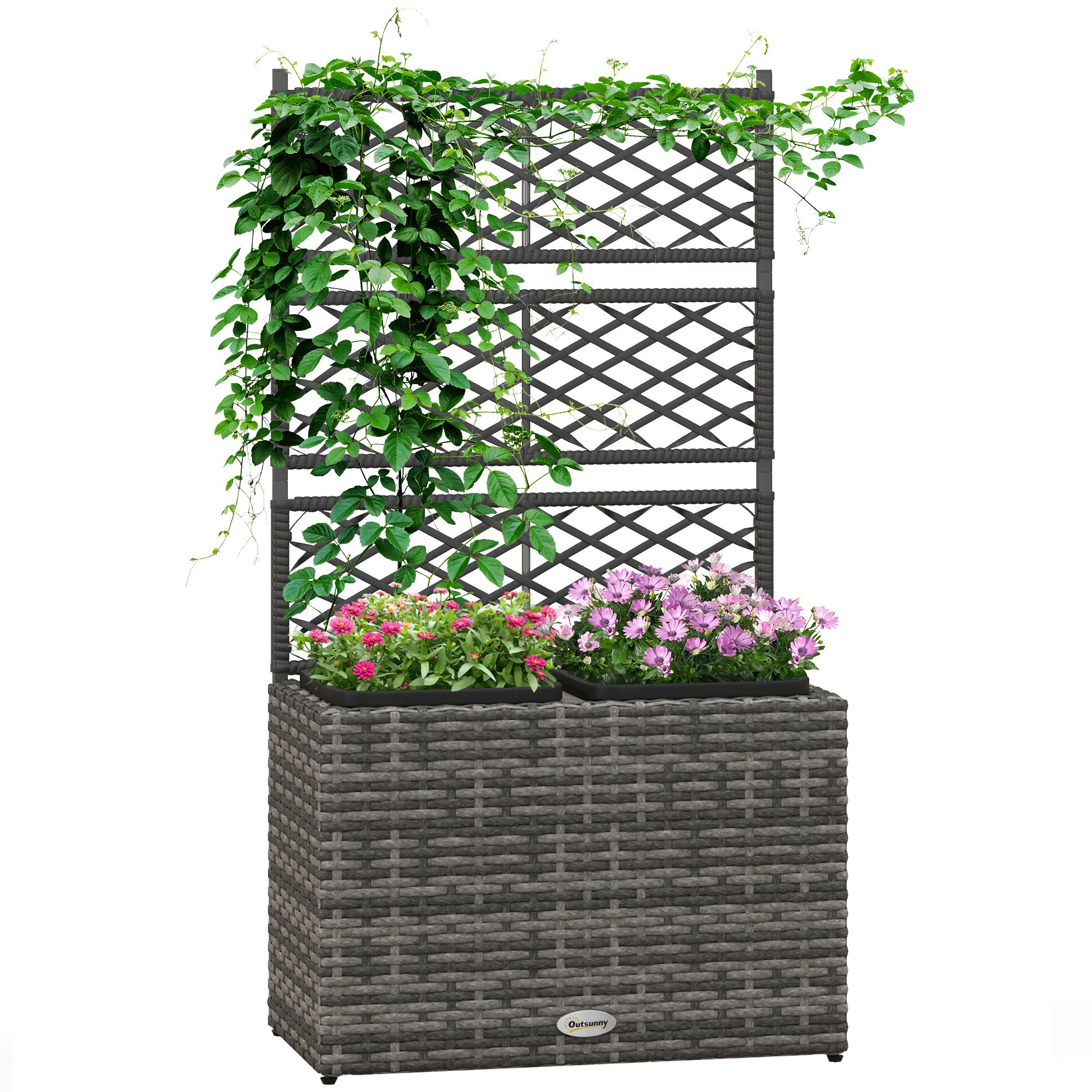 Outsunny Rattan Freestanding Garden Planters with Trellis - Light Grey