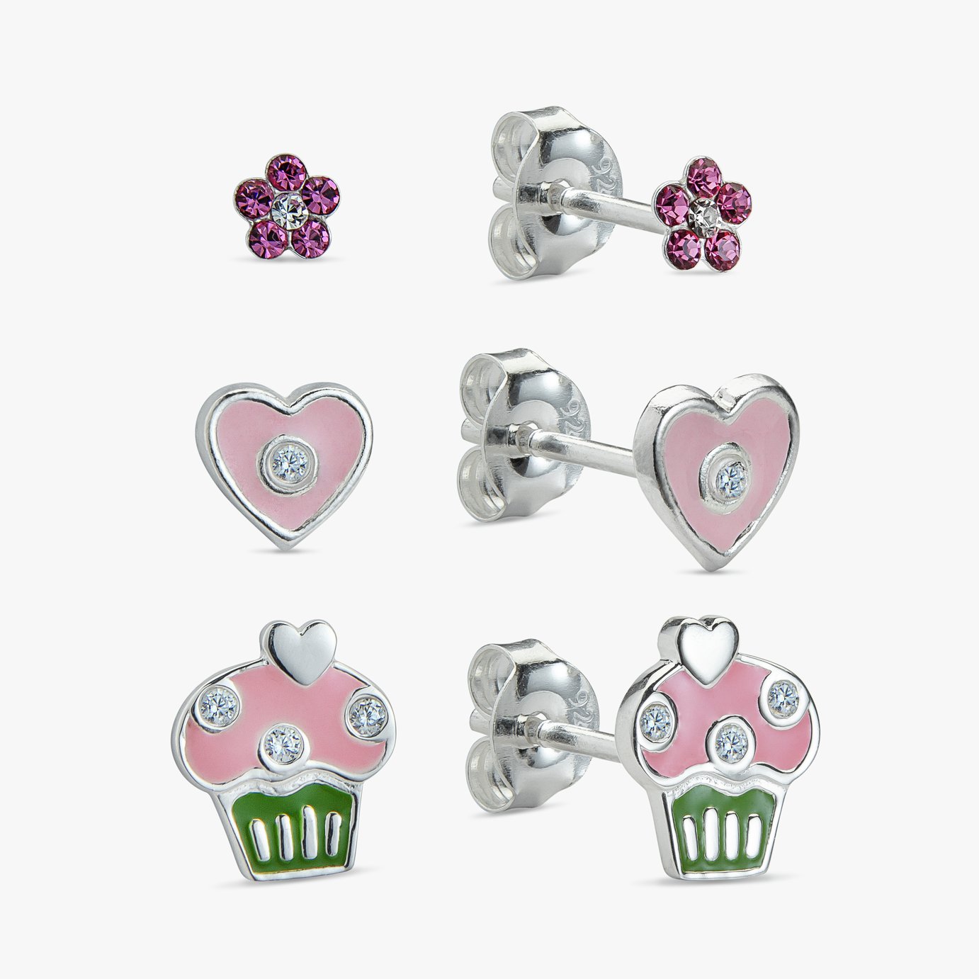 Revere Enamel Flower, Heart and Cupcake Stud Earrings Set
