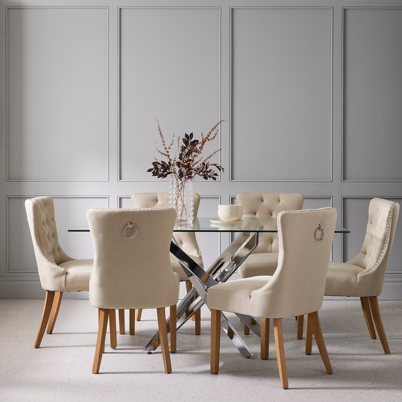 Argos Home Blake Chrome Dining Table & 6 Beige Chairs