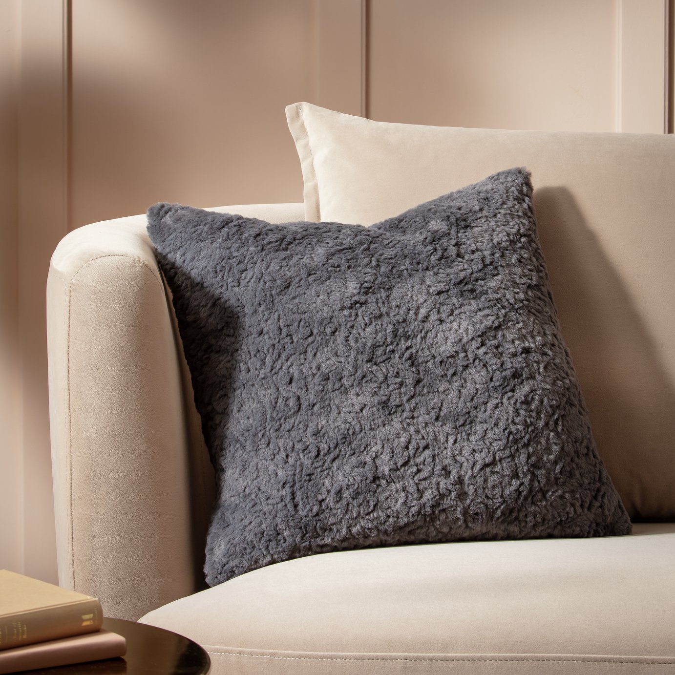 Habitat Faux Fur Textured Cushion - Charcoal - 43x43cm