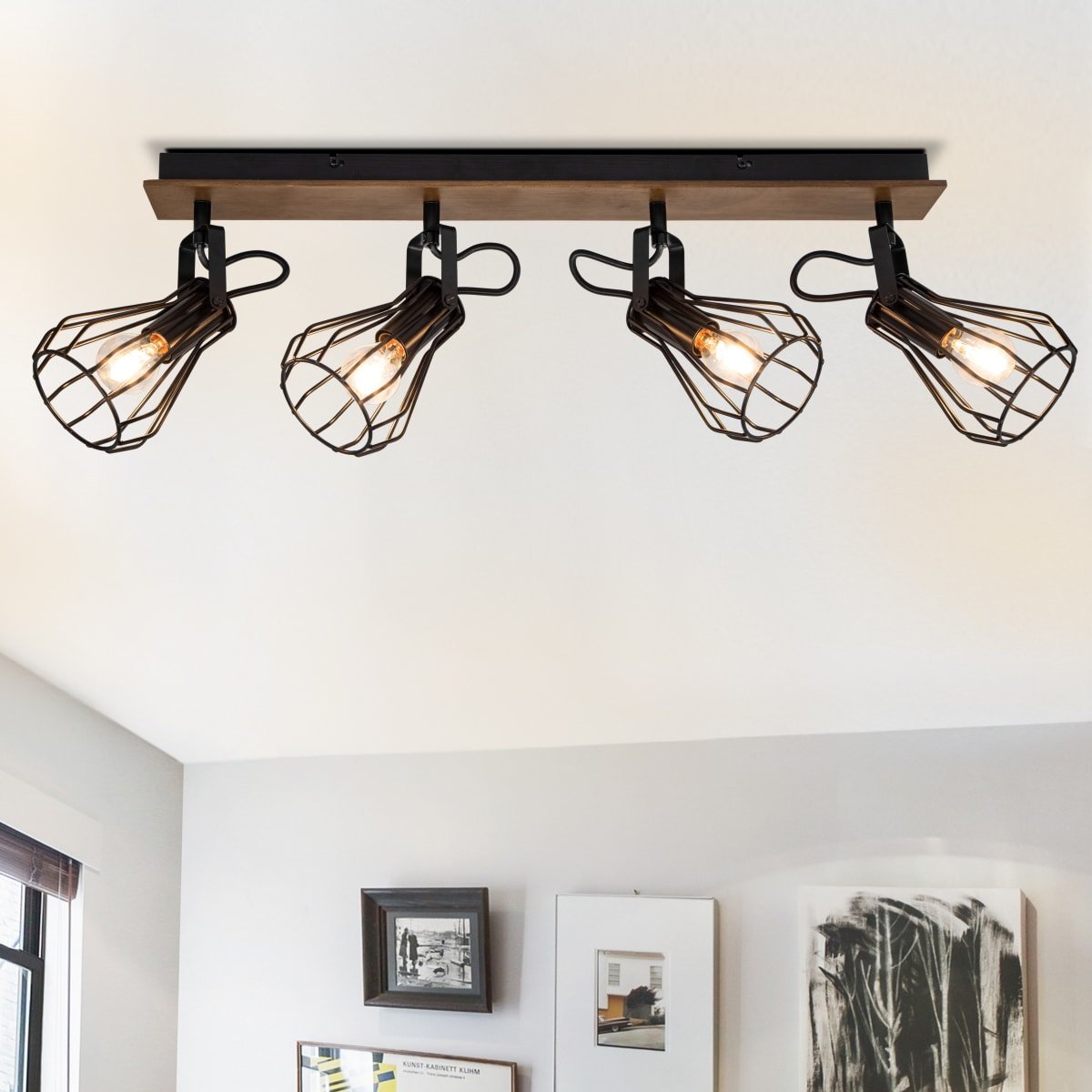 Cosylyte Kendan 4 Light Matt Black Wire Shade Spotlight with Wooden Backplate