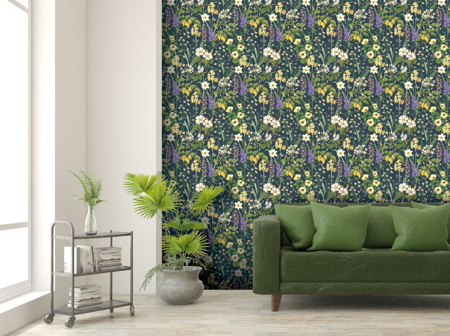 RHS Flower Medley Navy Wallpaper 