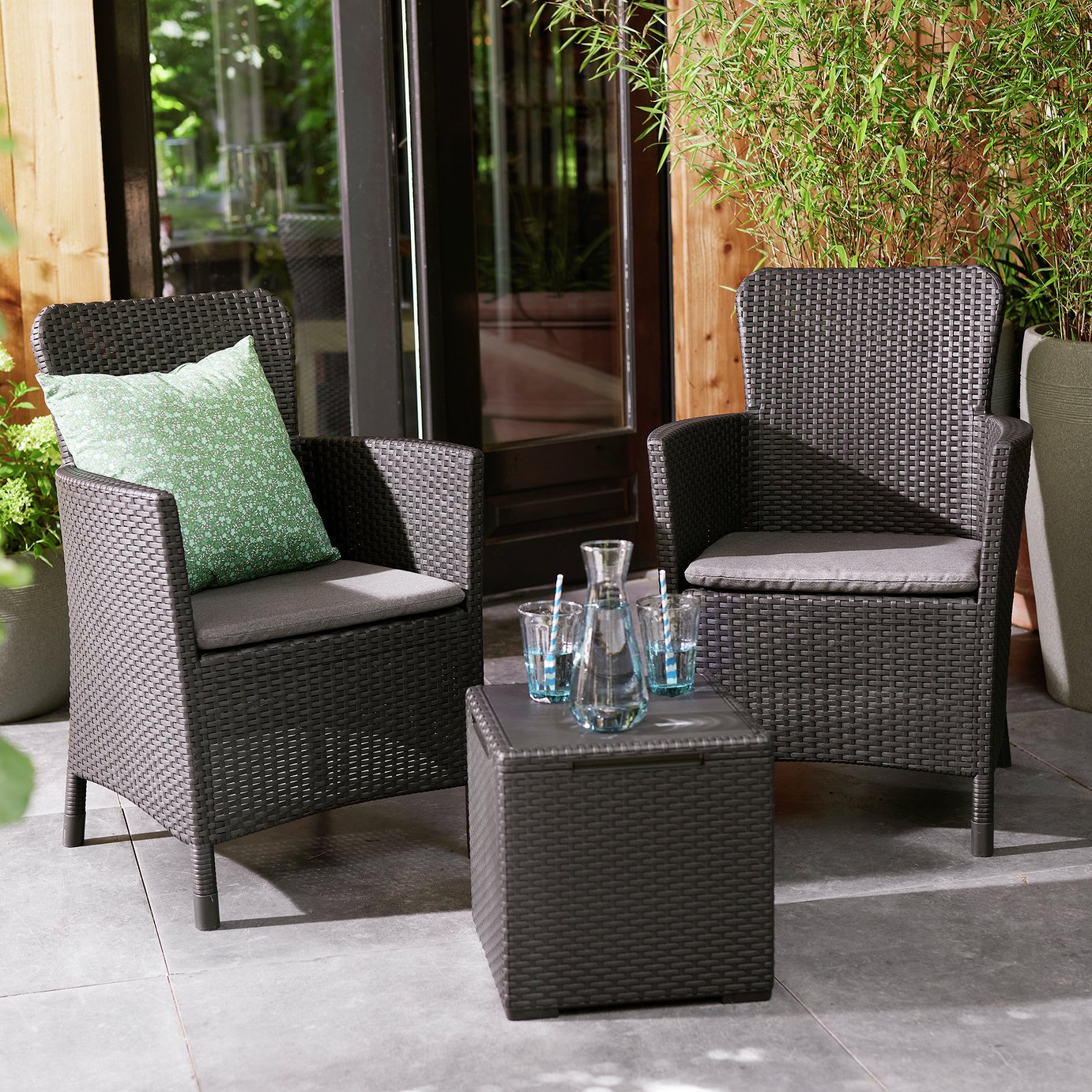 Keter Miami 2 Seater Rattan Effect Garden Bistro Set - Grey