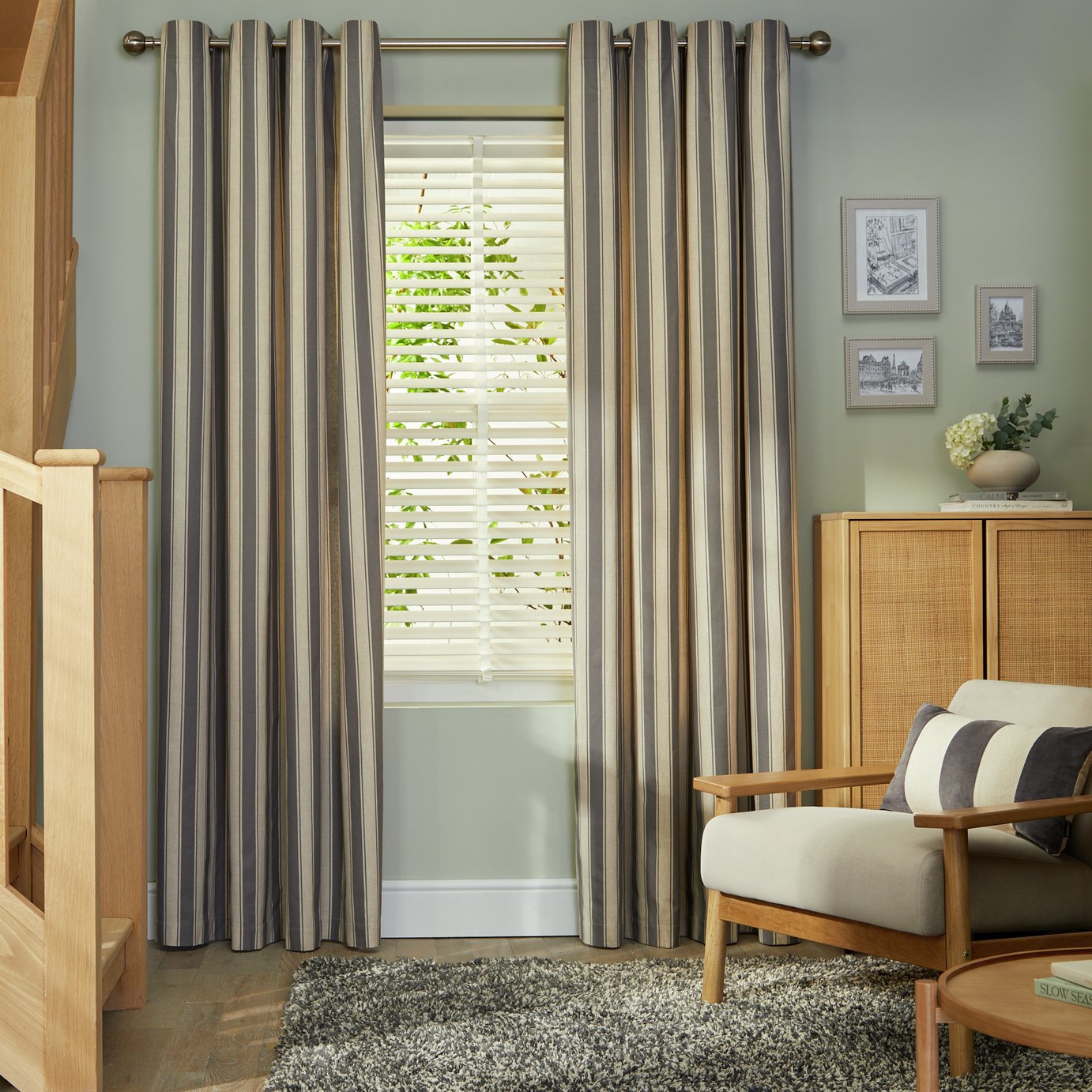 Habitat Stripe Printed Lined Eyelet Curtains - Charcoal